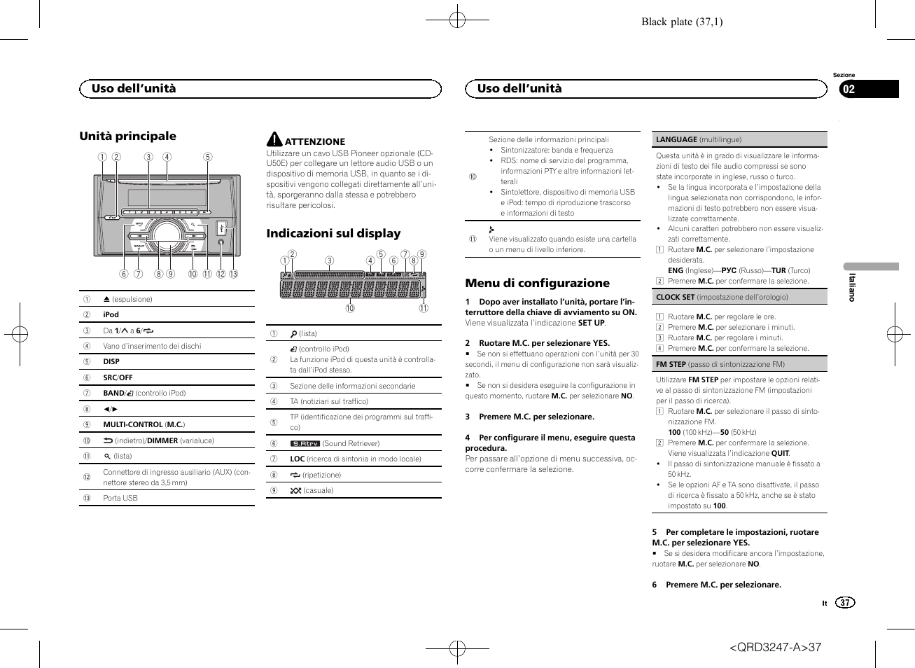 Unità principale, Indicazioni sul display, Menu di configurazione | Uso dell ’unità | Pioneer FH-460UI User Manual | Page 37 / 128