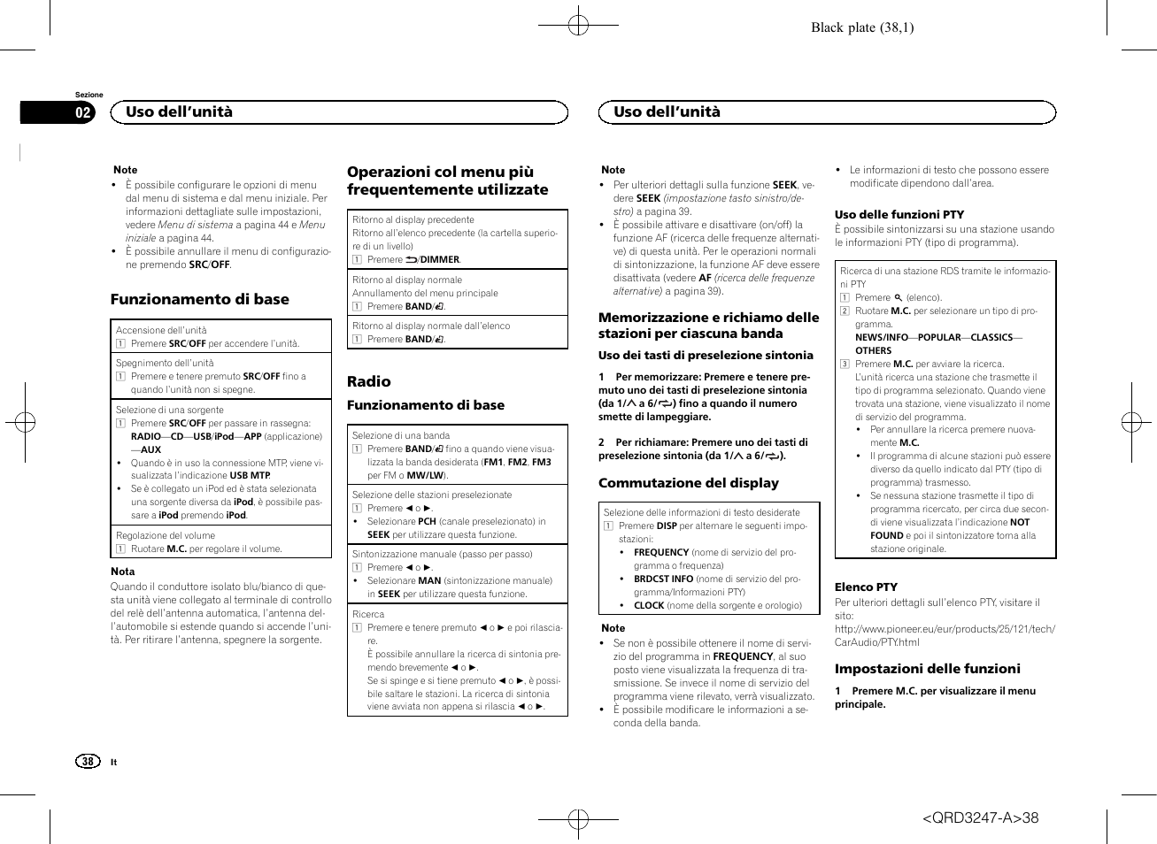 Funzionamento di base, Operazioni col menu più frequentemente utilizzate, Radio | Uso dell ’unità | Pioneer FH-460UI User Manual | Page 38 / 128