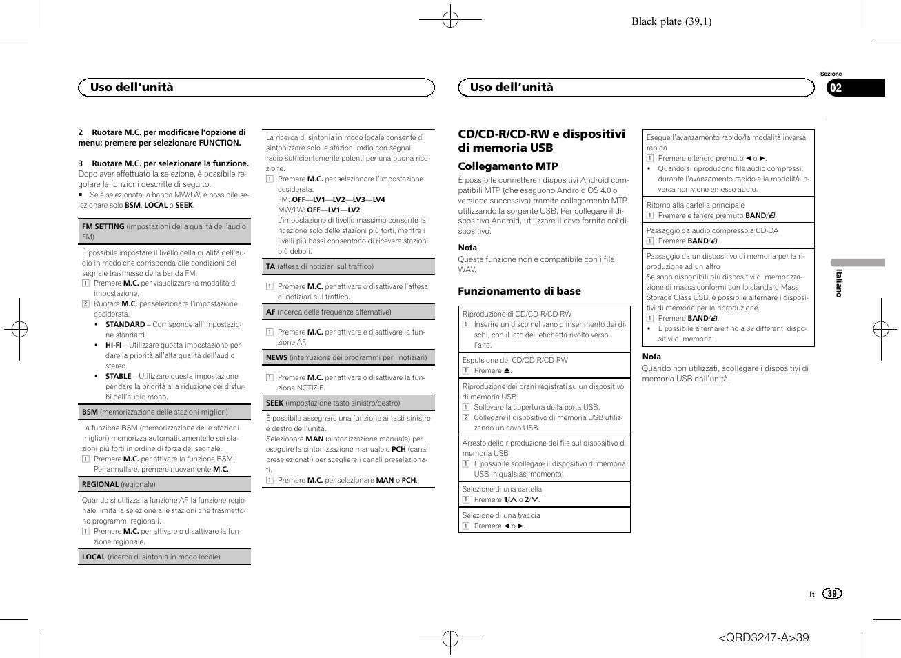 Seek (impostazione tasto sinistro/de, Af (ricerca delle frequenze, Uso dell ’unità | Pioneer FH-460UI User Manual | Page 39 / 128