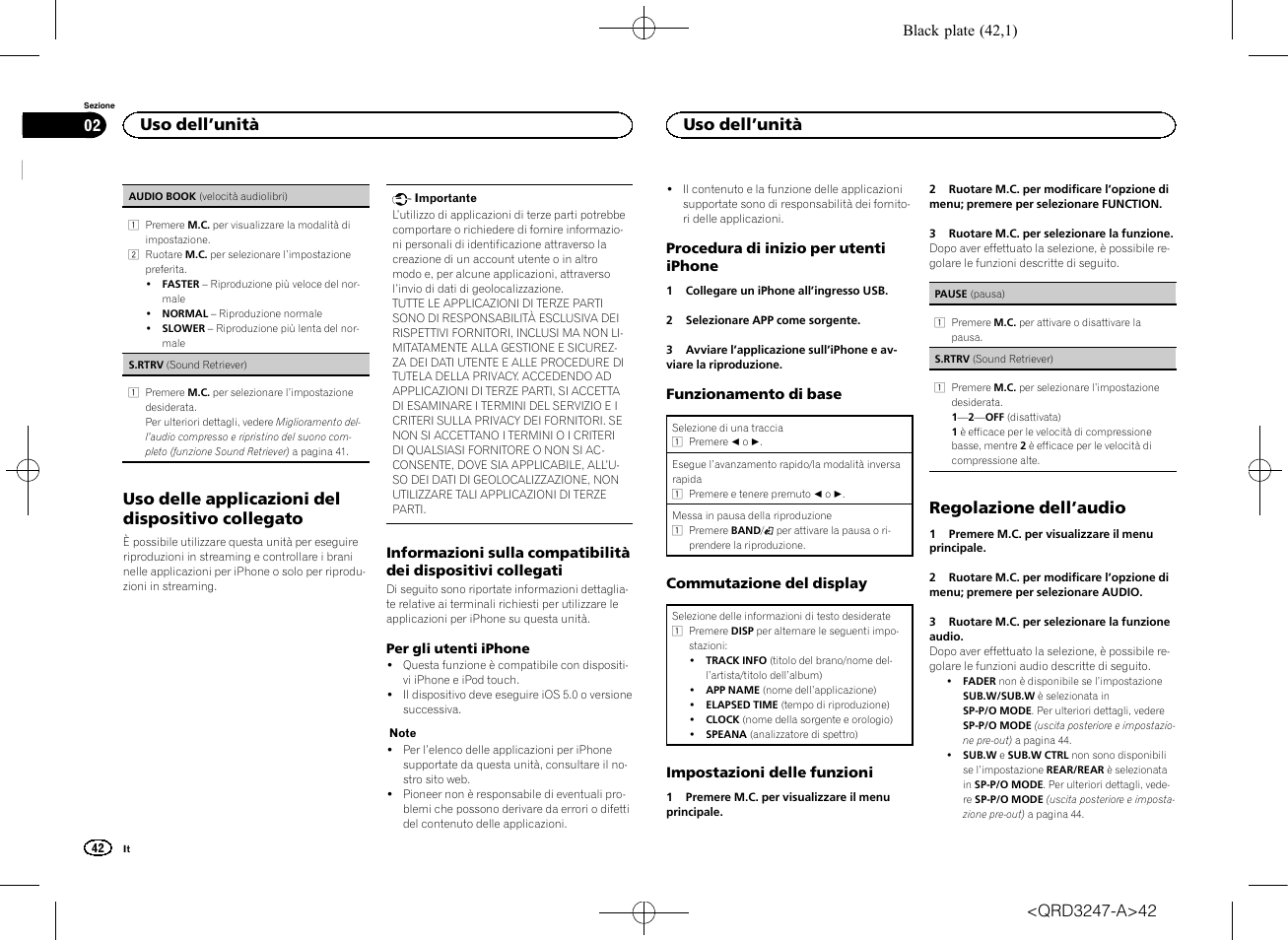 Uso delle applicazioni del dispositivo collegato, Regolazione dell ’audio, Uso dell ’unità | Pioneer FH-460UI User Manual | Page 42 / 128
