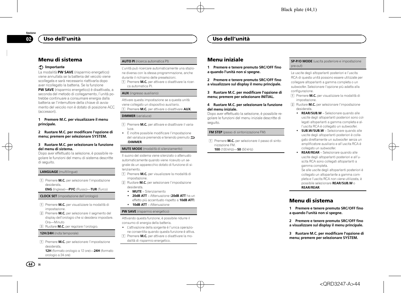 Sp-p/o mode (uscita posteriore e imposta, Menu di sistema, Menu iniziale | Uso dell ’unità | Pioneer FH-460UI User Manual | Page 44 / 128