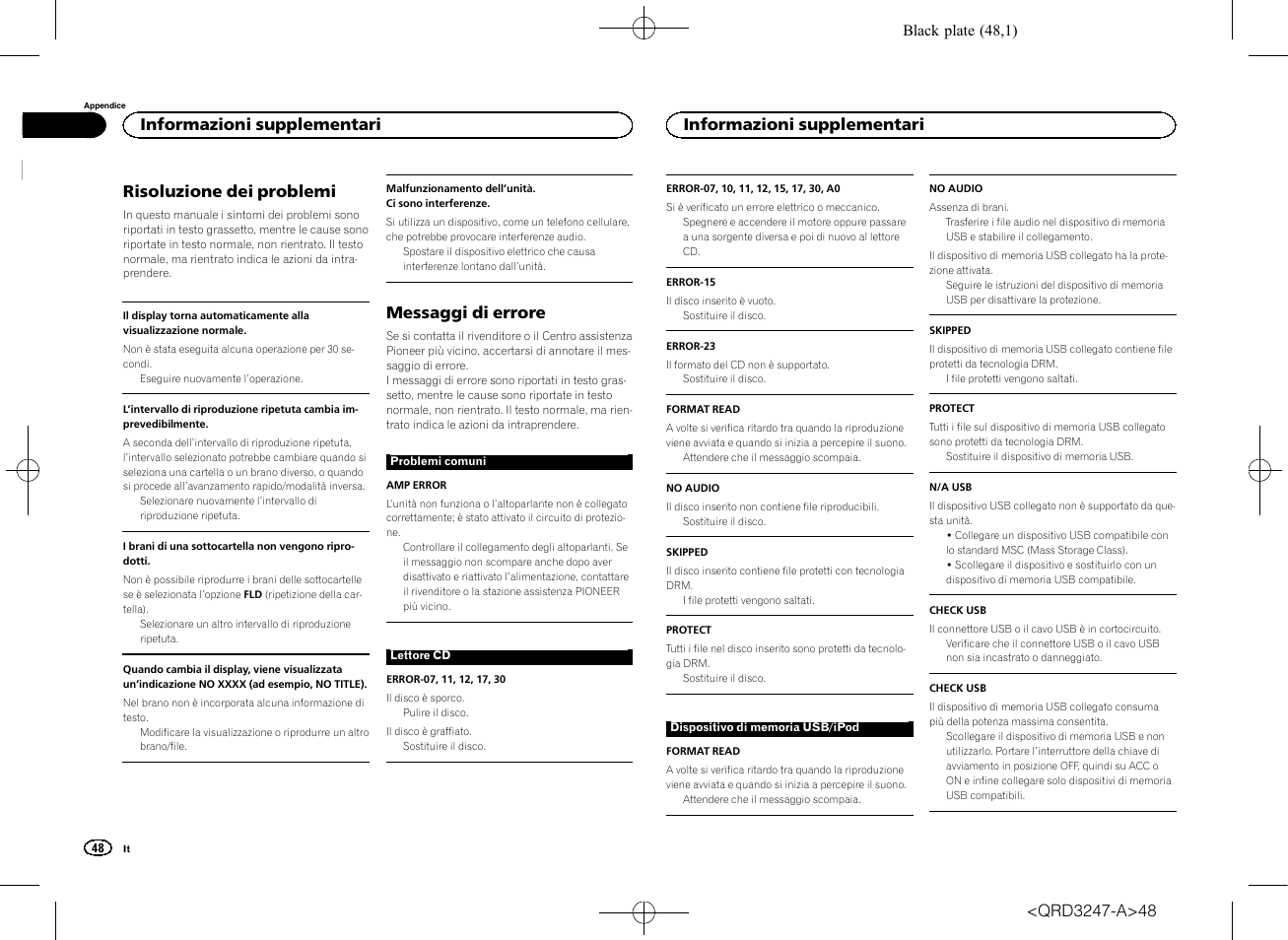 Risoluzione dei problemi, Messaggi di errore, Informazioni supplementari | Pioneer FH-460UI User Manual | Page 48 / 128