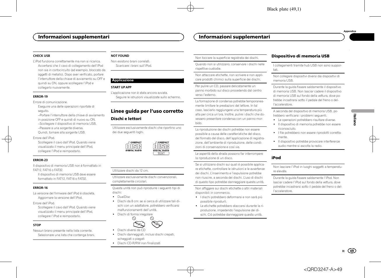 Linee guida per l ’uso corretto, Informazioni supplementari | Pioneer FH-460UI User Manual | Page 49 / 128