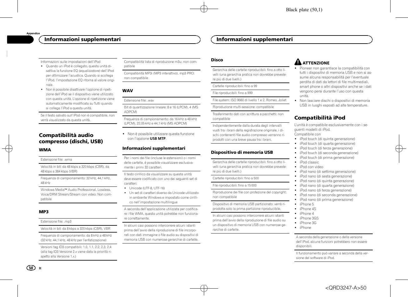 Compatibilità audio compresso (dischi, usb), Compatibilità ipod, Informazioni supplementari | Pioneer FH-460UI User Manual | Page 50 / 128