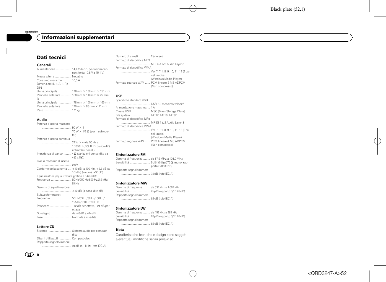 Dati tecnici, Informazioni supplementari, Black plate (52,1) | Pioneer FH-460UI User Manual | Page 52 / 128