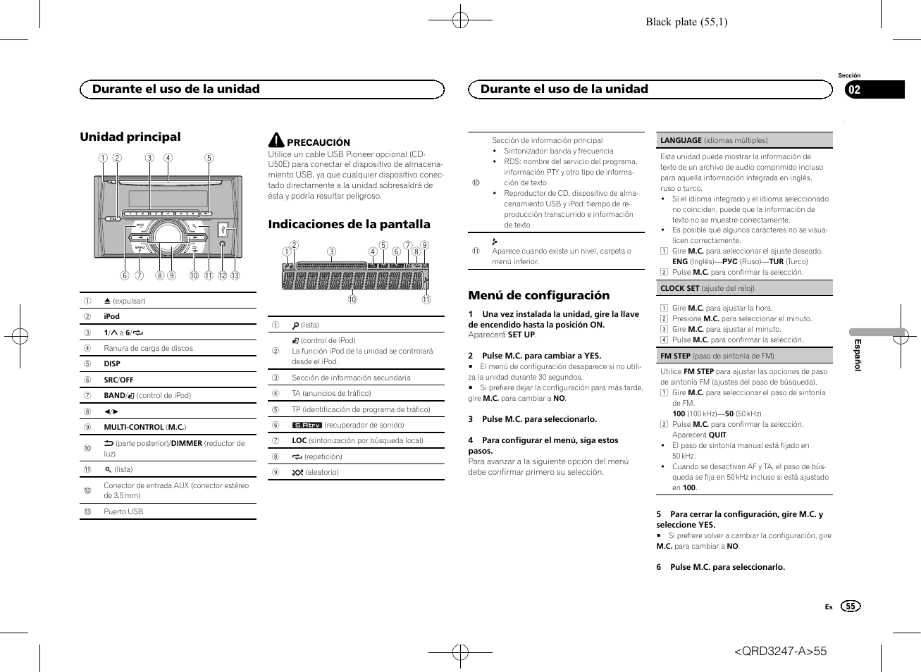 Unidad principal, Indicaciones de la pantalla, Menú de configuración | Durante el uso de la unidad | Pioneer FH-460UI User Manual | Page 55 / 128