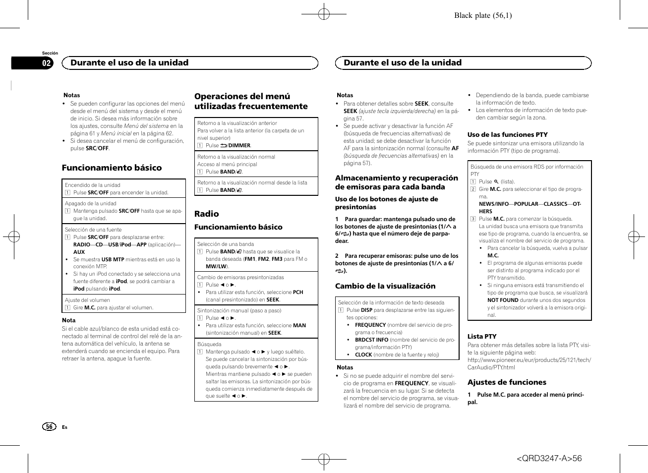 Funcionamiento básico, Operaciones del menú utilizadas frecuentemente, Radio | Durante el uso de la unidad | Pioneer FH-460UI User Manual | Page 56 / 128