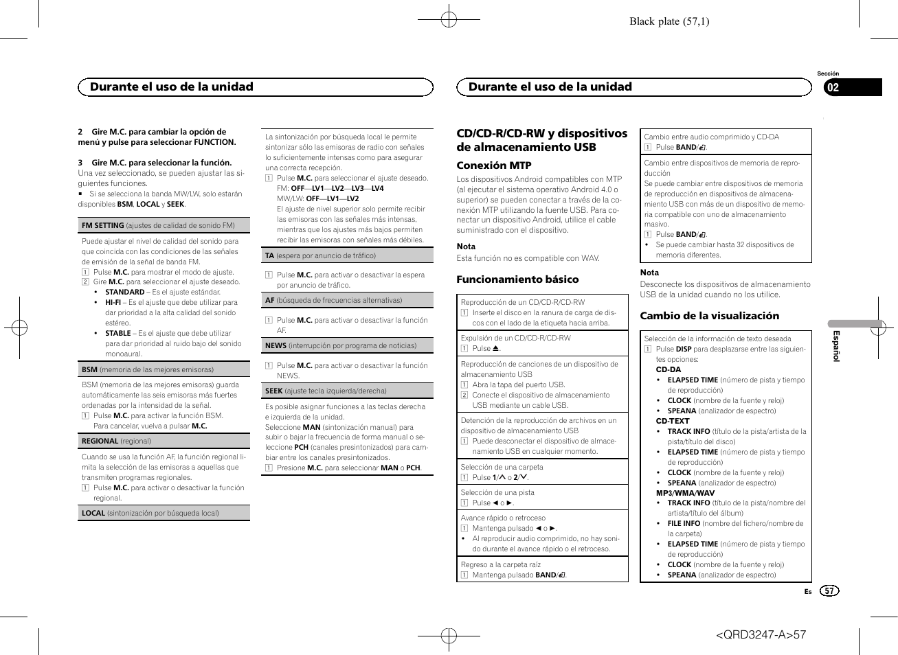 Cd/cd-r/cd-rw y dispositivos de almacenamiento usb, Durante el uso de la unidad | Pioneer FH-460UI User Manual | Page 57 / 128