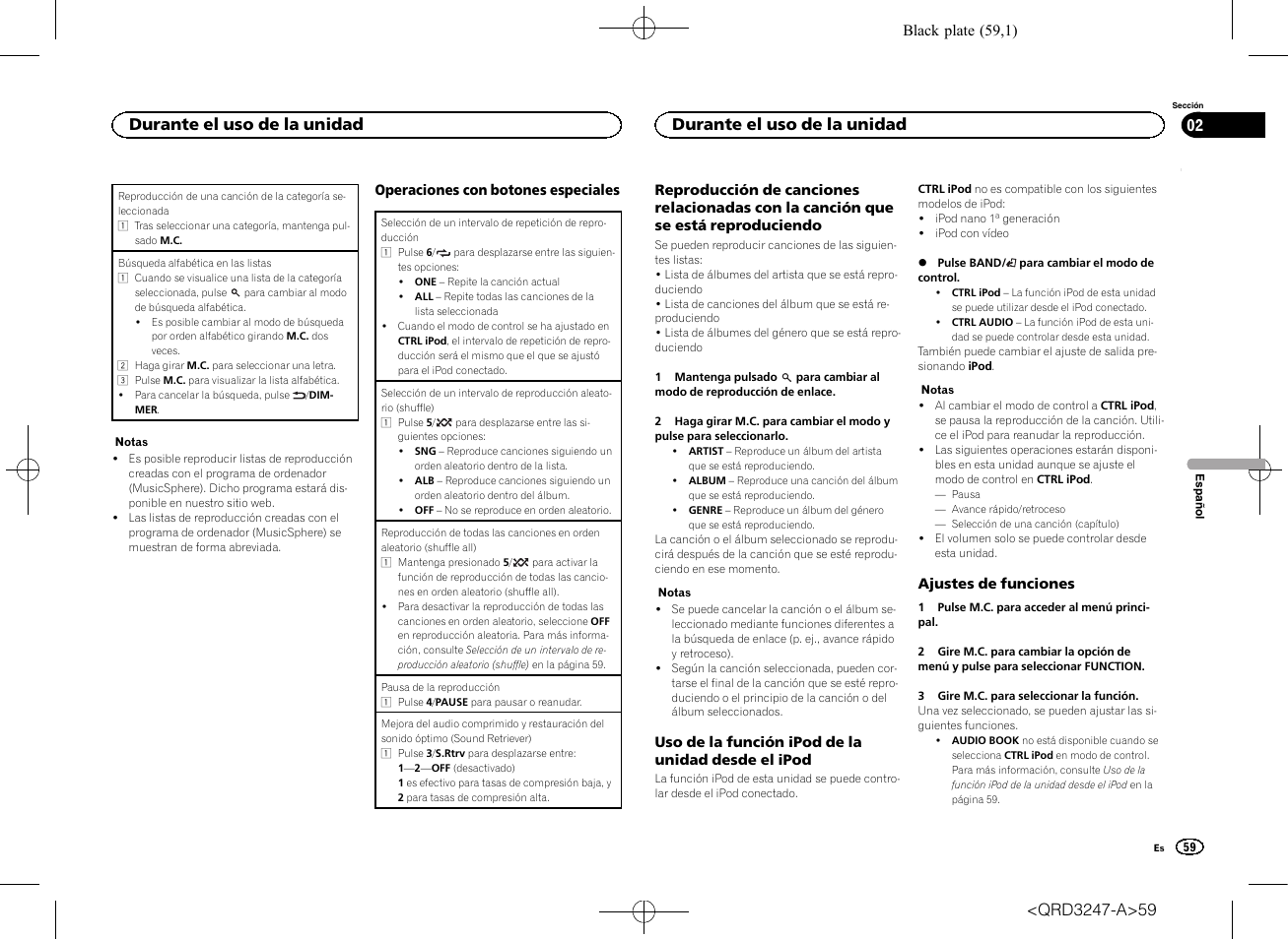 Durante el uso de la unidad | Pioneer FH-460UI User Manual | Page 59 / 128
