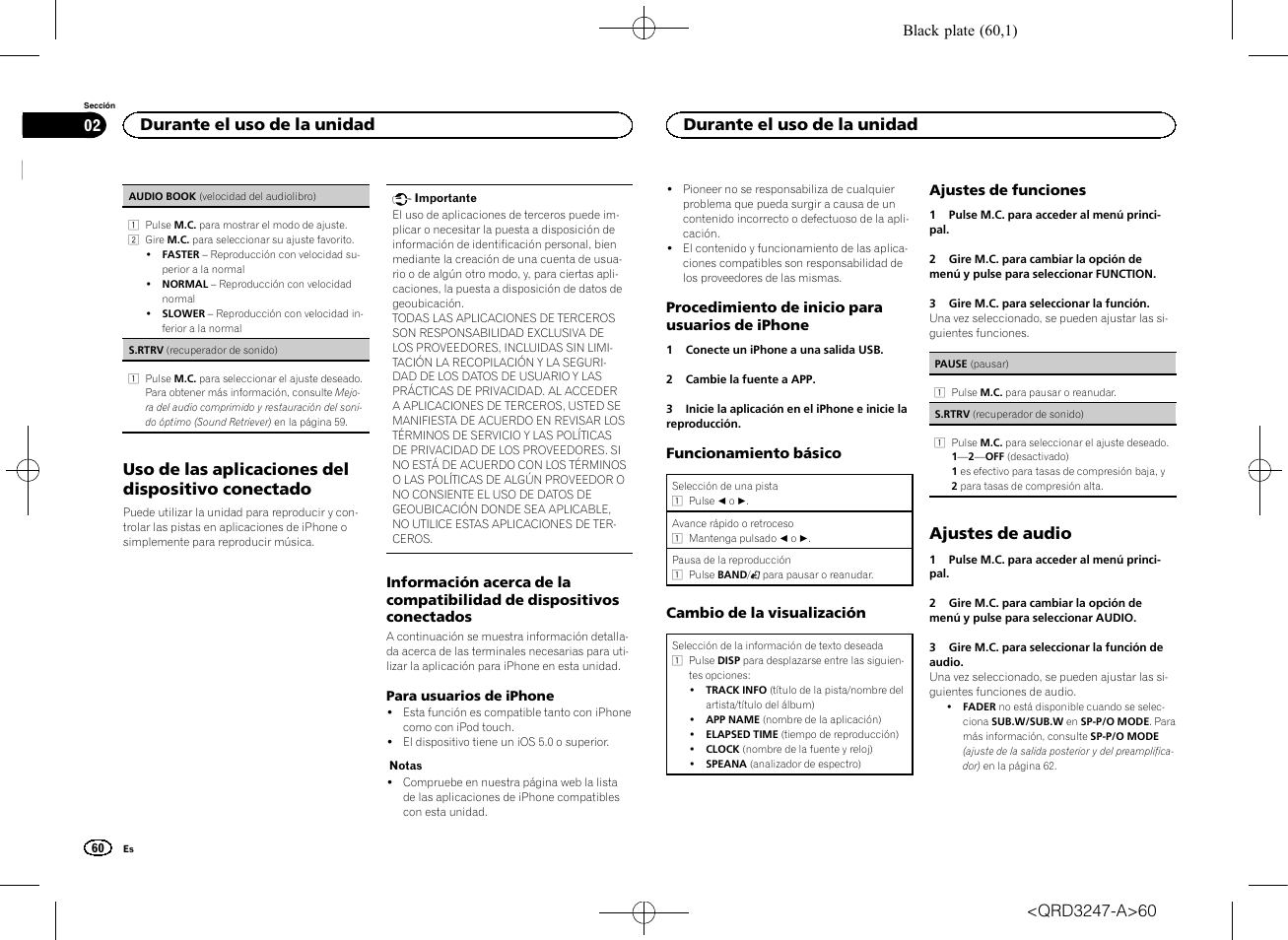 Uso de las aplicaciones del dispositivo conectado, Ajustes de audio, Durante el uso de la unidad | Pioneer FH-460UI User Manual | Page 60 / 128