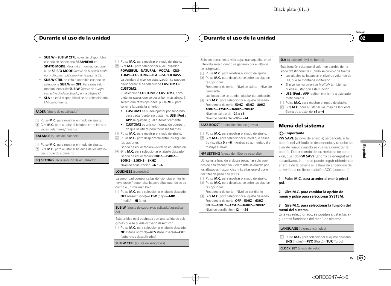 Menú del sistema, Durante el uso de la unidad | Pioneer FH-460UI User Manual | Page 61 / 128