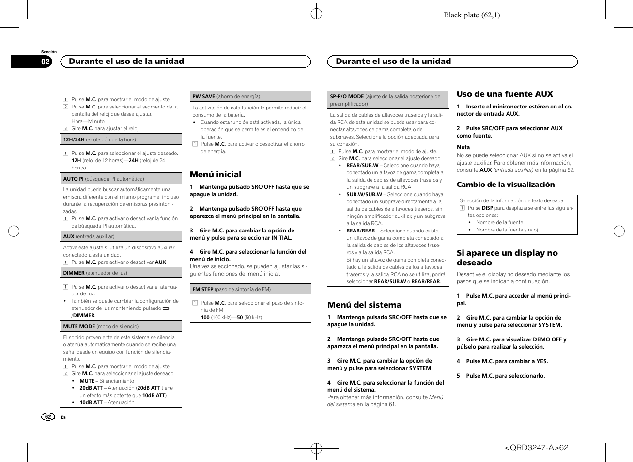 Sp-p/o mode (ajuste de la salida poste, Menú inicial, Menú del sistema | Uso de una fuente aux, Si aparece un display no deseado, Durante el uso de la unidad | Pioneer FH-460UI User Manual | Page 62 / 128