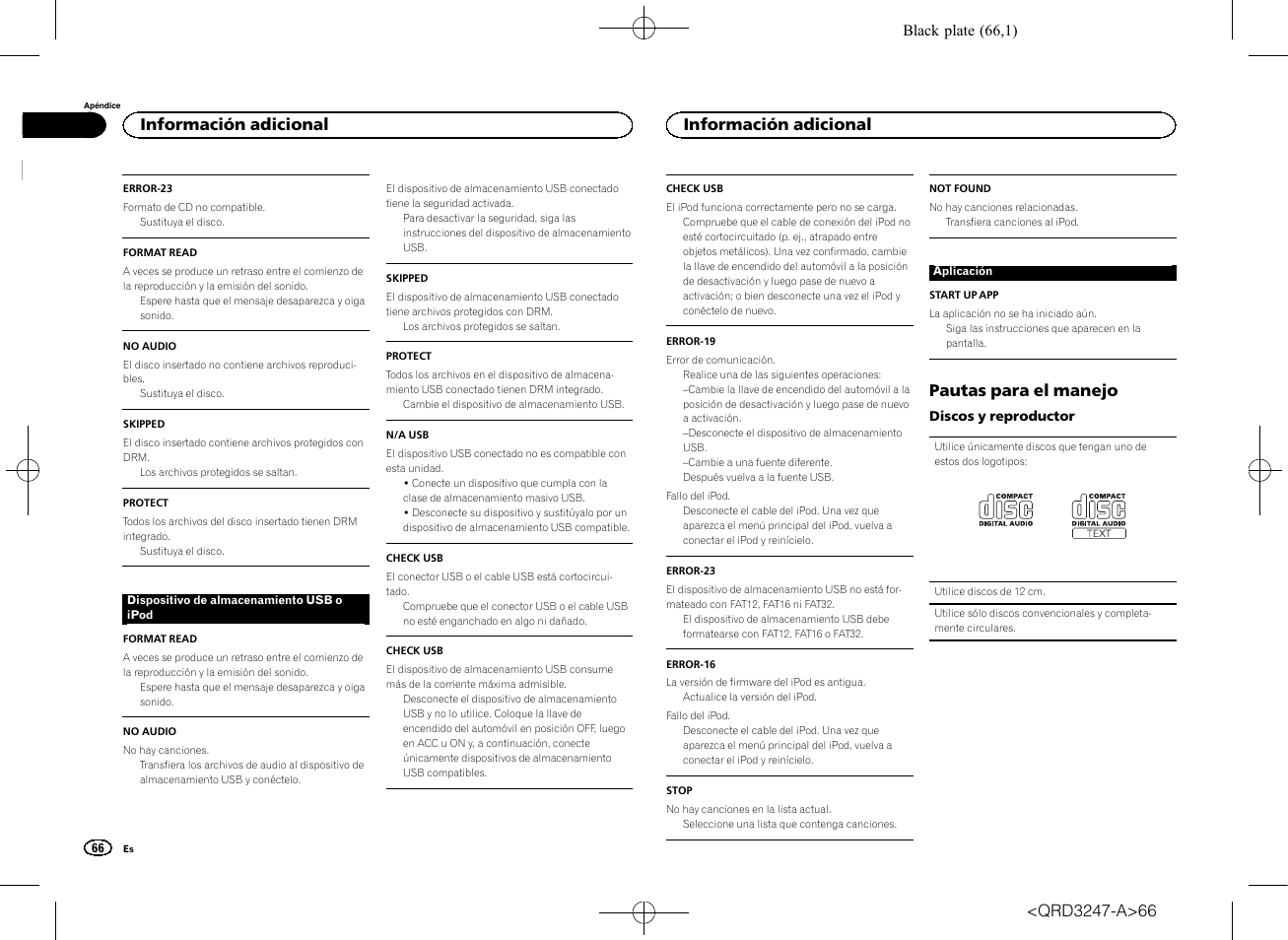 Pautas para el manejo, Información adicional | Pioneer FH-460UI User Manual | Page 66 / 128