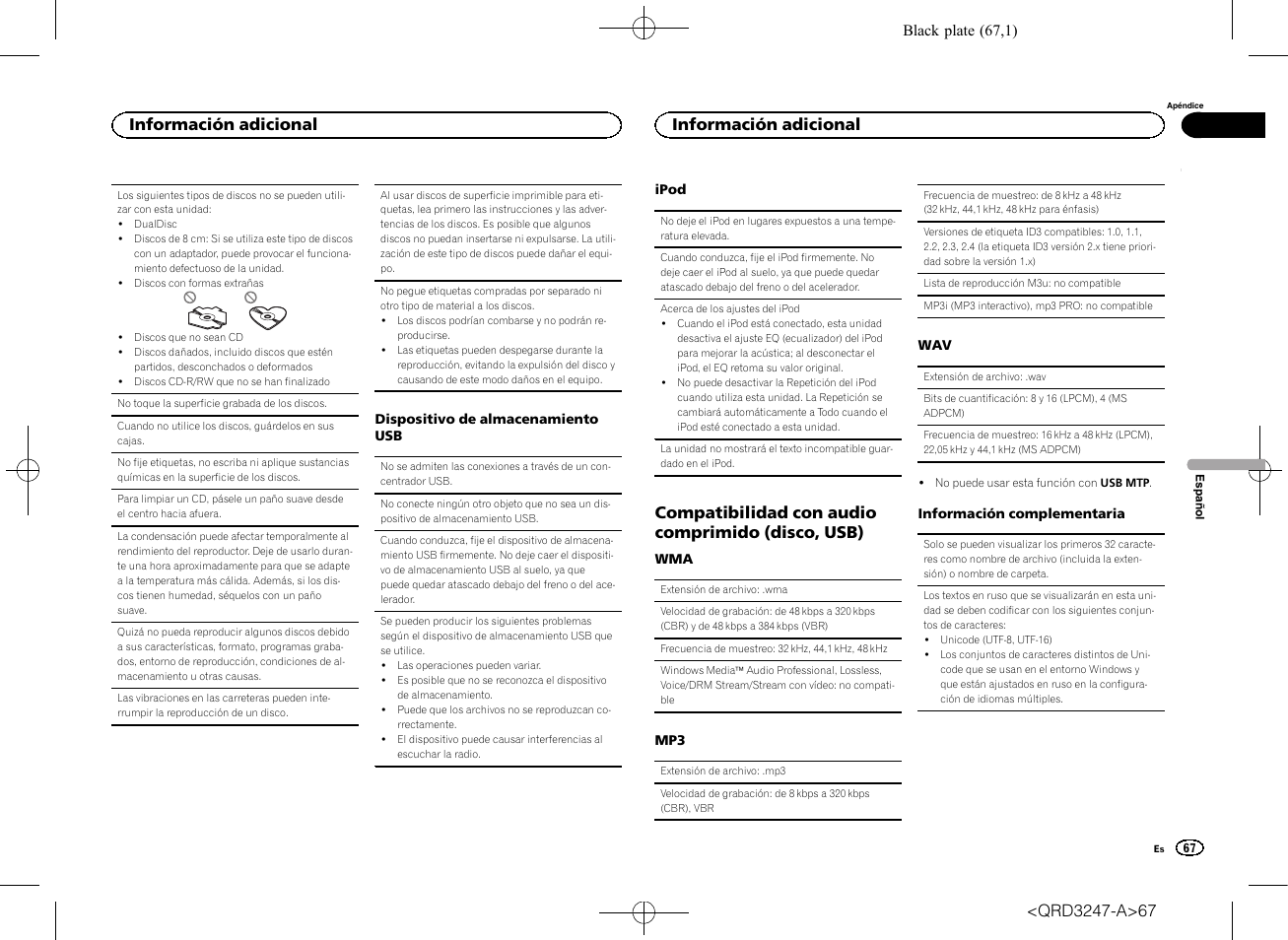 Compatibilidad con audio comprimido (disco, usb), Información adicional | Pioneer FH-460UI User Manual | Page 67 / 128