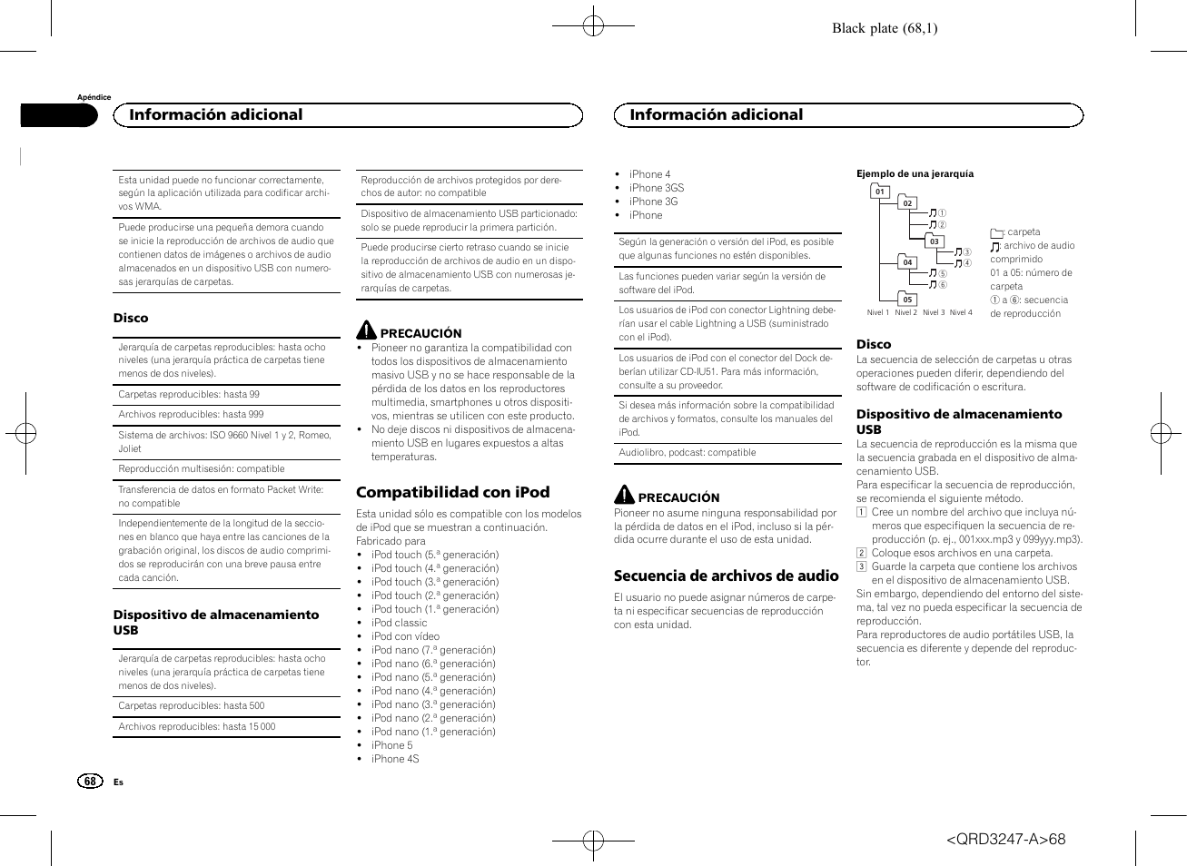 Compatibilidad con ipod, Secuencia de archivos de audio, Información adicional | Pioneer FH-460UI User Manual | Page 68 / 128