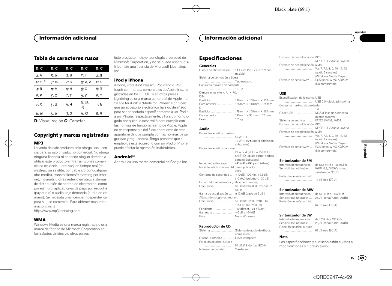 Tabla de caracteres rusos, Copyright y marcas registradas, Especificaciones | Información adicional | Pioneer FH-460UI User Manual | Page 69 / 128