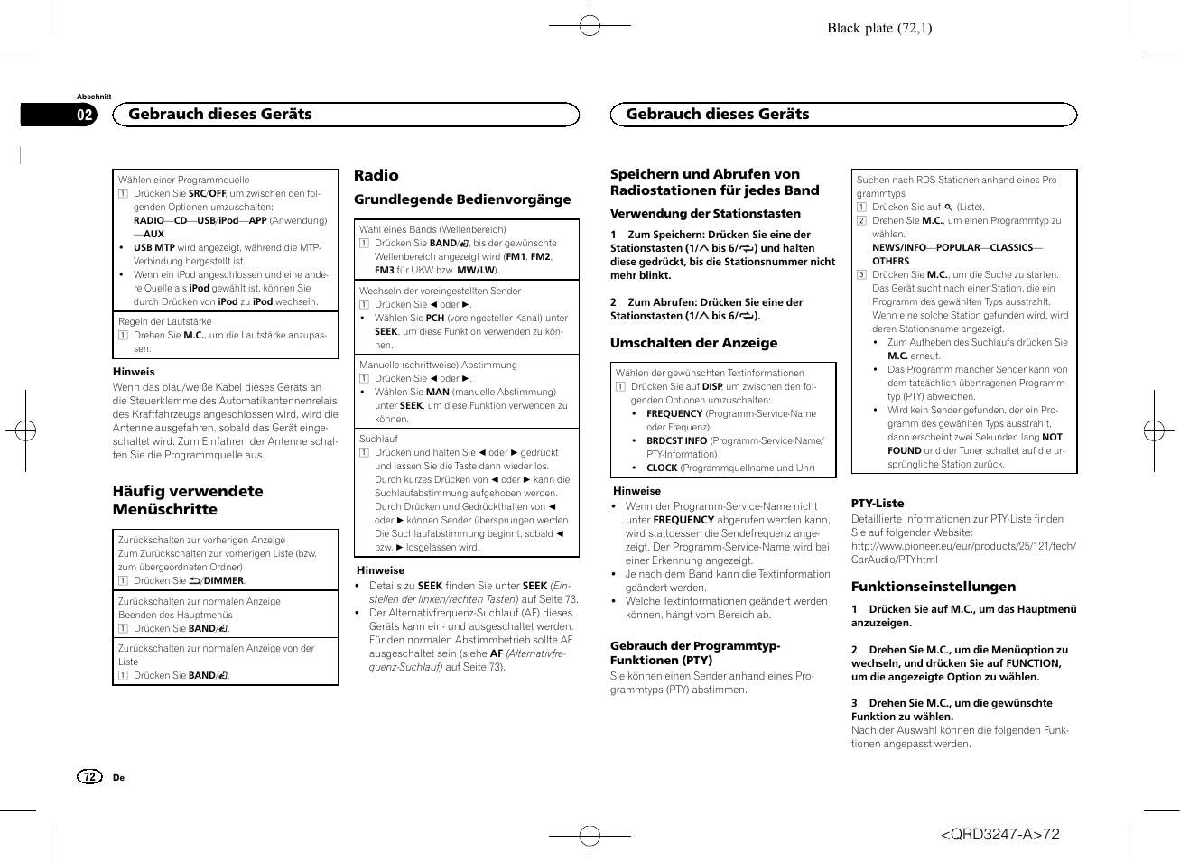 Häufig verwendete menüschritte, Radio, Gebrauch dieses geräts | Pioneer FH-460UI User Manual | Page 72 / 128