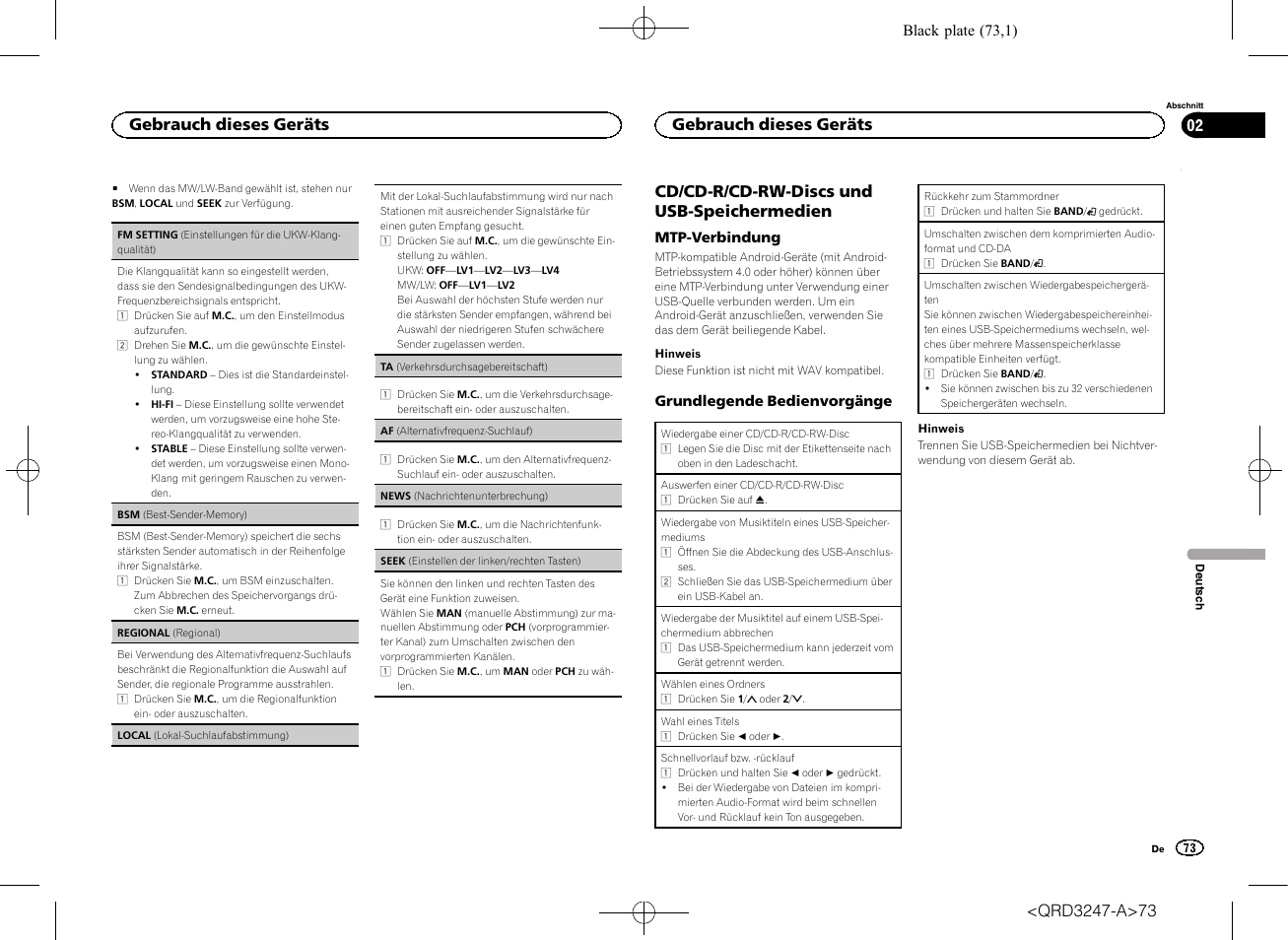 Seek (ein, Stellen der linken/rechten tasten) auf seite 73, Af (alternativfre | Quenz-suchlauf) auf seite 73), Cd/cd-r/cd-rw-discs und usb-speichermedien, Gebrauch dieses geräts | Pioneer FH-460UI User Manual | Page 73 / 128