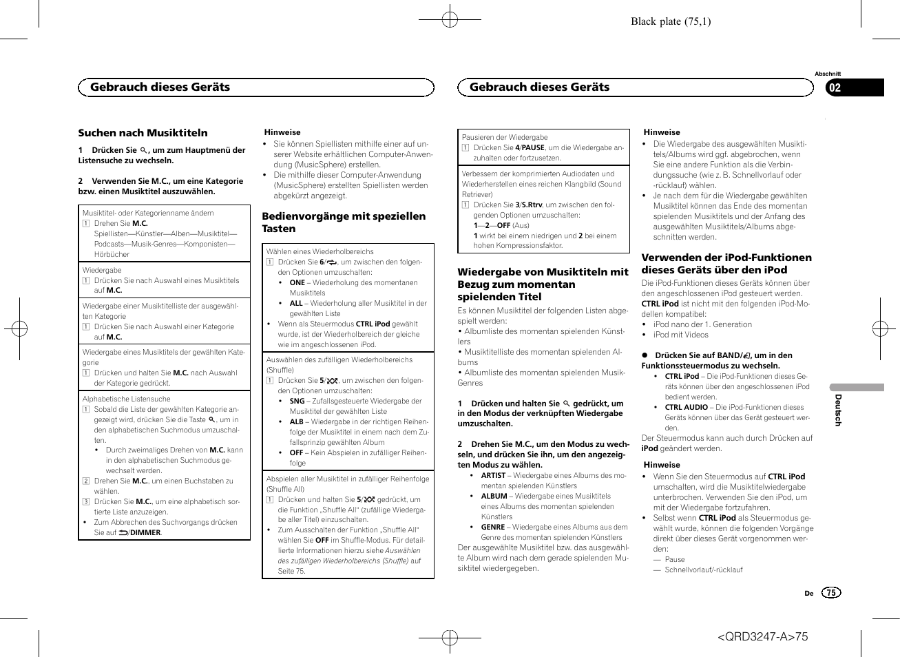 Gebrauch dieses geräts | Pioneer FH-460UI User Manual | Page 75 / 128