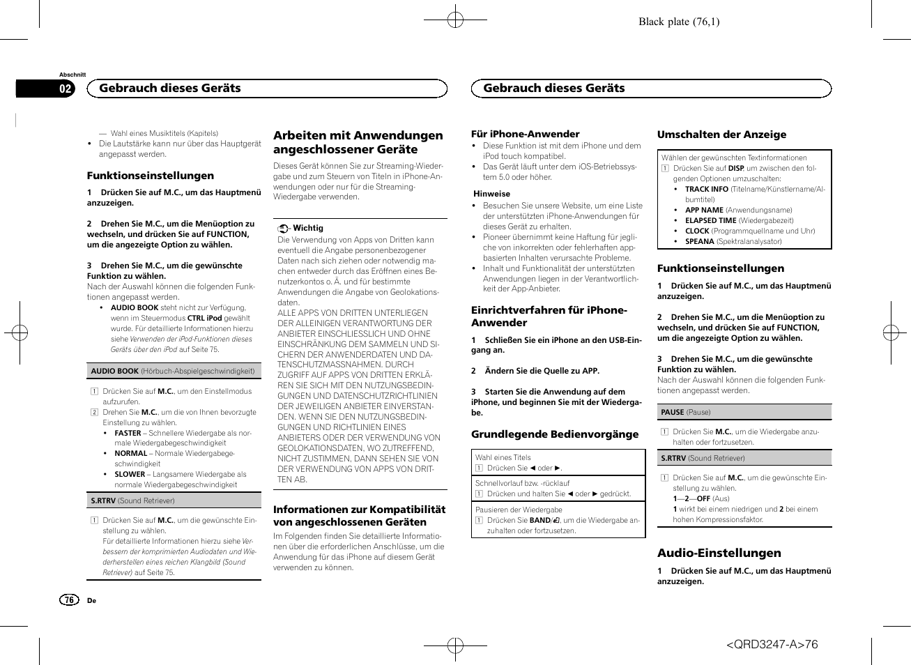 Arbeiten mit anwendungen angeschlossener geräte, Audio-einstellungen, Gebrauch dieses geräts | Pioneer FH-460UI User Manual | Page 76 / 128