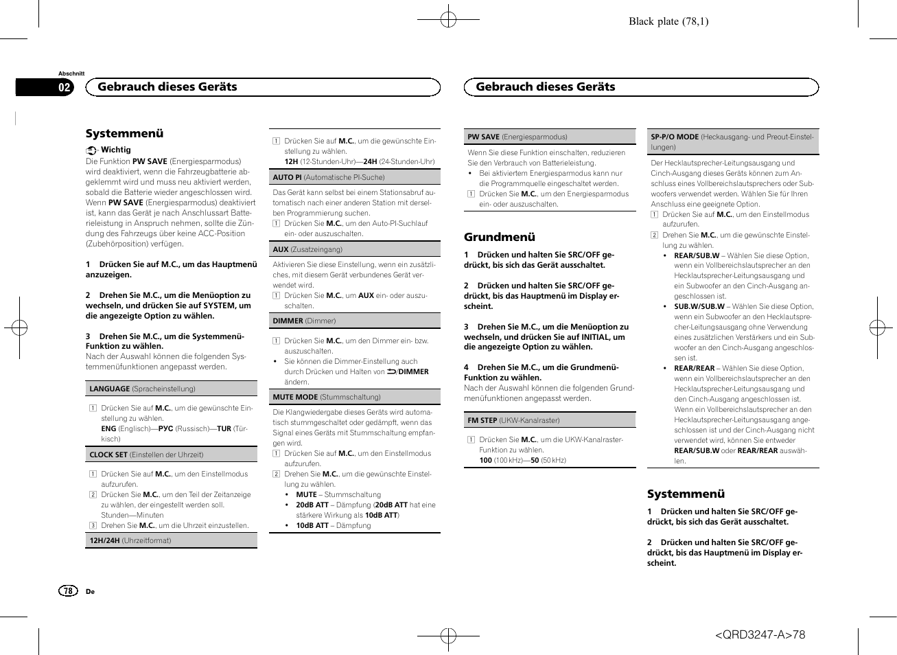 Sp-p/o mode (heckausgang, Und preout-einstellungen) auf seite 78, Sp-p/o mode (heckausgang- und | Preout-einstellungen) auf seite 78, Systemmenü, Grundmenü, Gebrauch dieses geräts | Pioneer FH-460UI User Manual | Page 78 / 128
