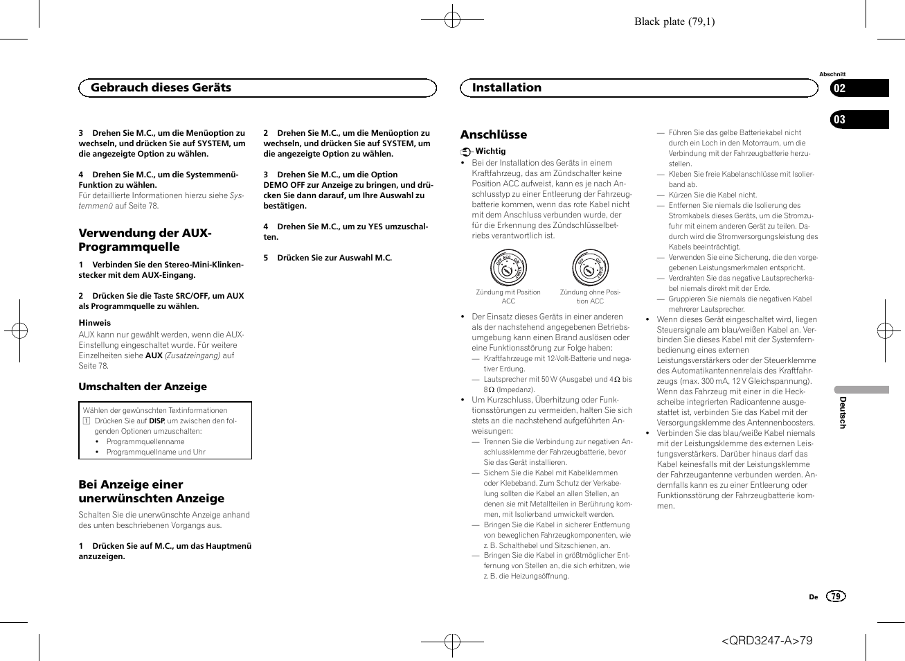 Verwendung der aux- programmquelle, Bei anzeige einer unerwünschten anzeige, Anschlüsse | Gebrauch dieses geräts, Installation | Pioneer FH-460UI User Manual | Page 79 / 128
