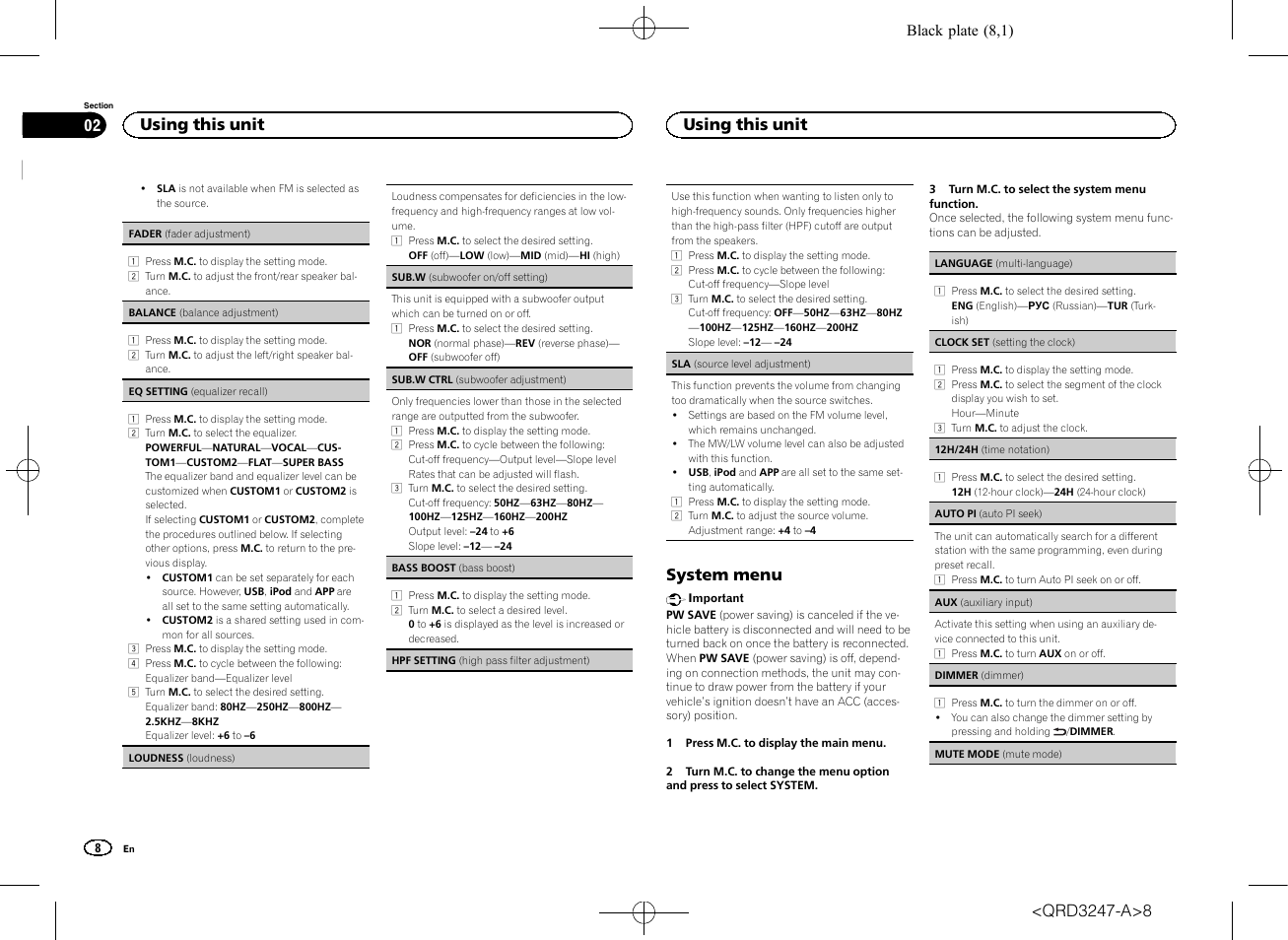 Sub.w, System menu, Using this unit | Pioneer FH-460UI User Manual | Page 8 / 128