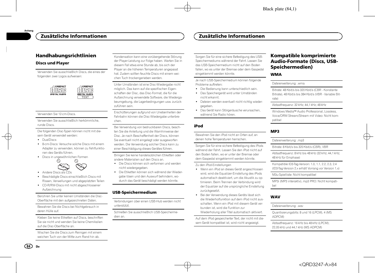 Handhabungsrichtlinien, Zusätzliche informationen | Pioneer FH-460UI User Manual | Page 84 / 128