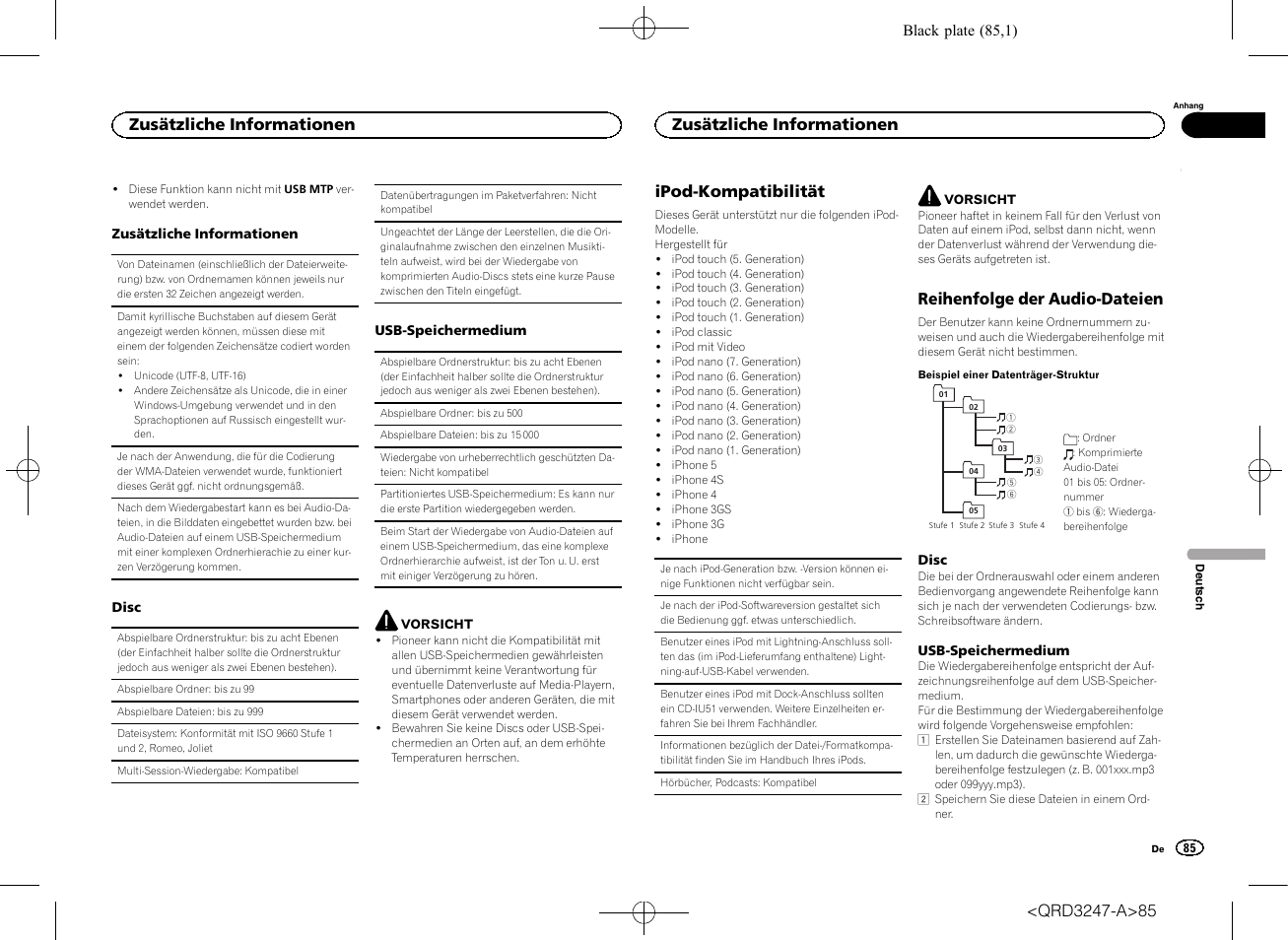 Ipod-kompatibilität, Reihenfolge der audio-dateien, Zusätzliche informationen | Pioneer FH-460UI User Manual | Page 85 / 128