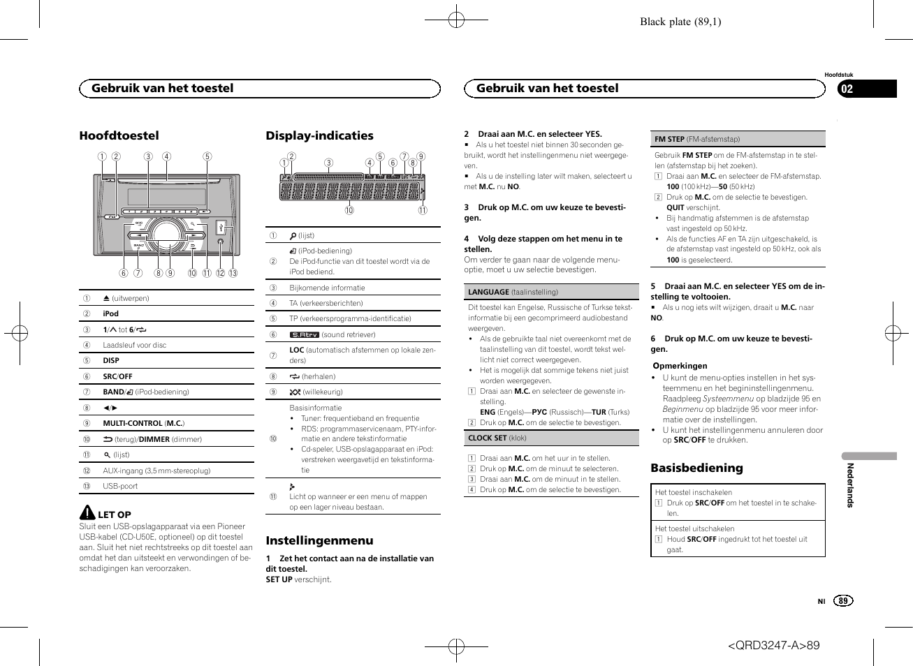 Hoofdtoestel, Display-indicaties, Instellingenmenu | Basisbediening, Gebruik van het toestel | Pioneer FH-460UI User Manual | Page 89 / 128