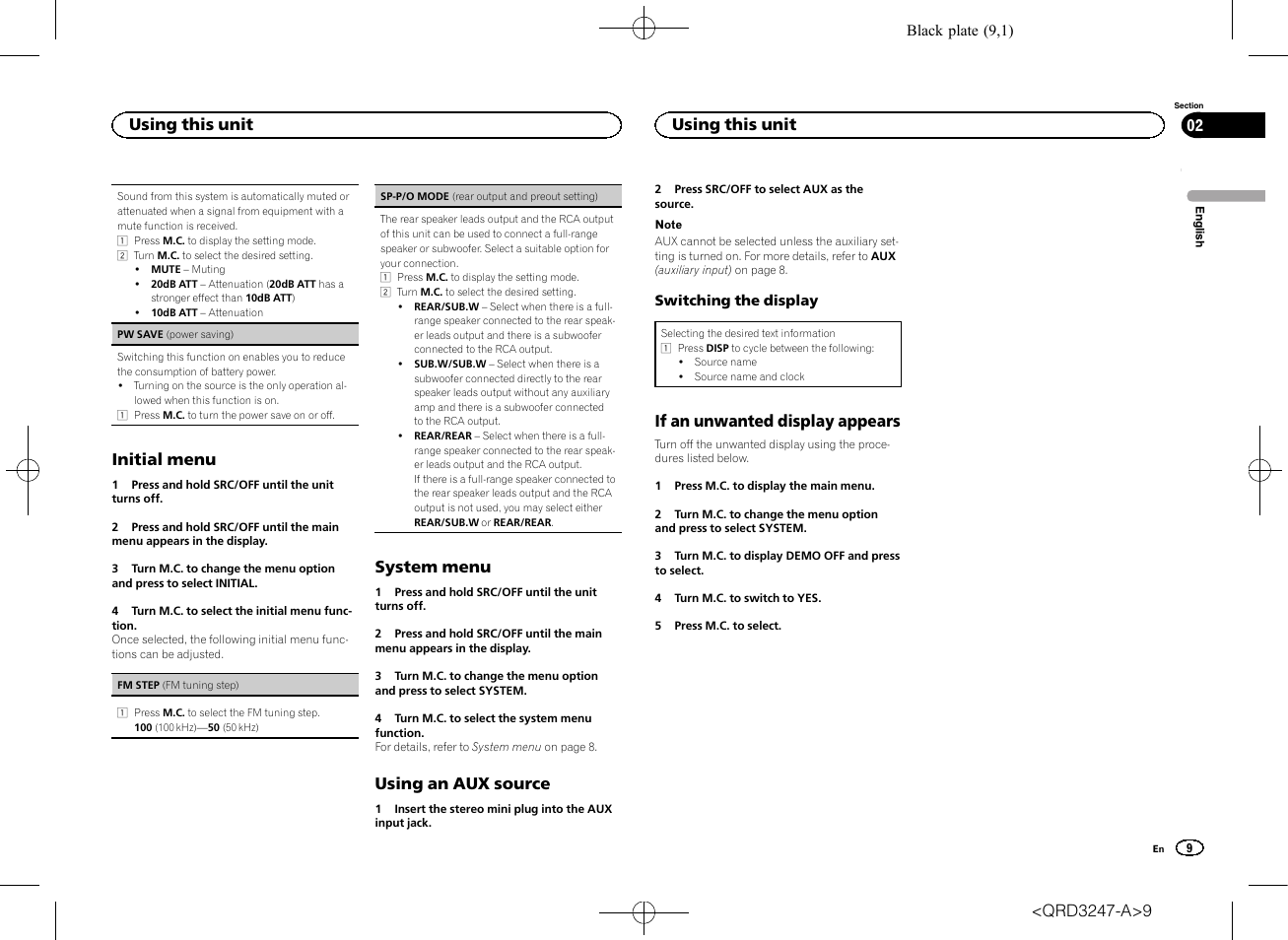Sp-p/o mode (rear output and preout set, Initial menu, System menu | Using an aux source, If an unwanted display appears, Using this unit | Pioneer FH-460UI User Manual | Page 9 / 128