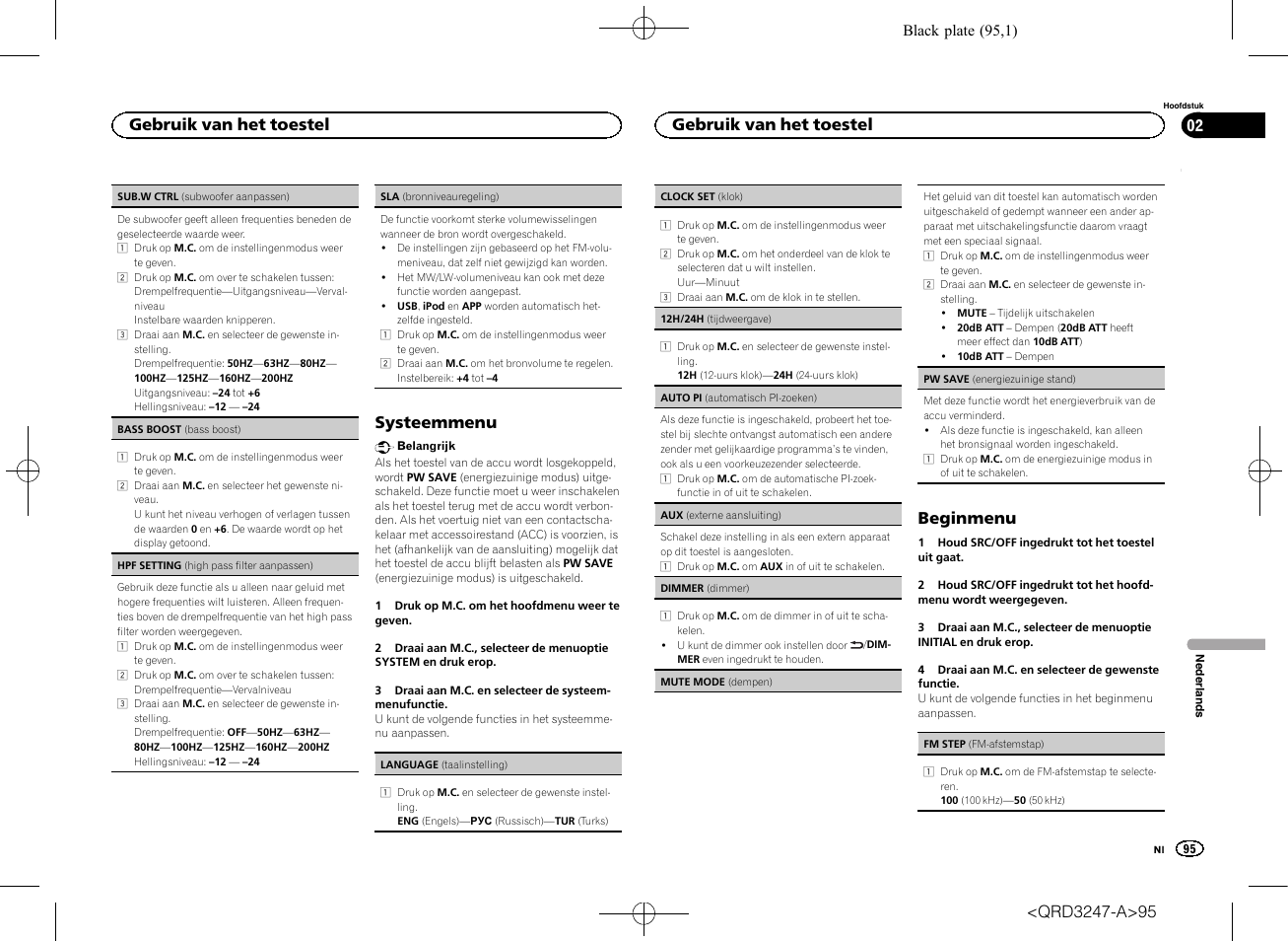 Systeemmenu, Beginmenu, Gebruik van het toestel | Pioneer FH-460UI User Manual | Page 95 / 128