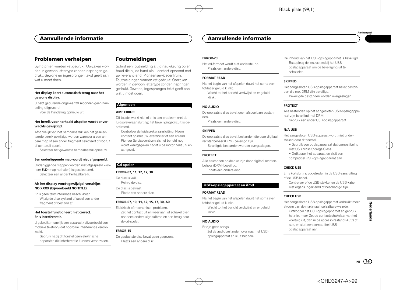 Problemen verhelpen, Foutmeldingen, Aanvullende informatie | Pioneer FH-460UI User Manual | Page 99 / 128