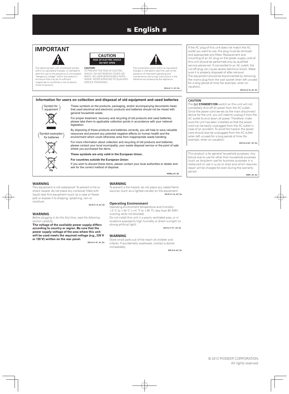 Safety brochure, Stereo receiver, English | Important, Caution | Pioneer SX-20-K User Manual | Page 2 / 8