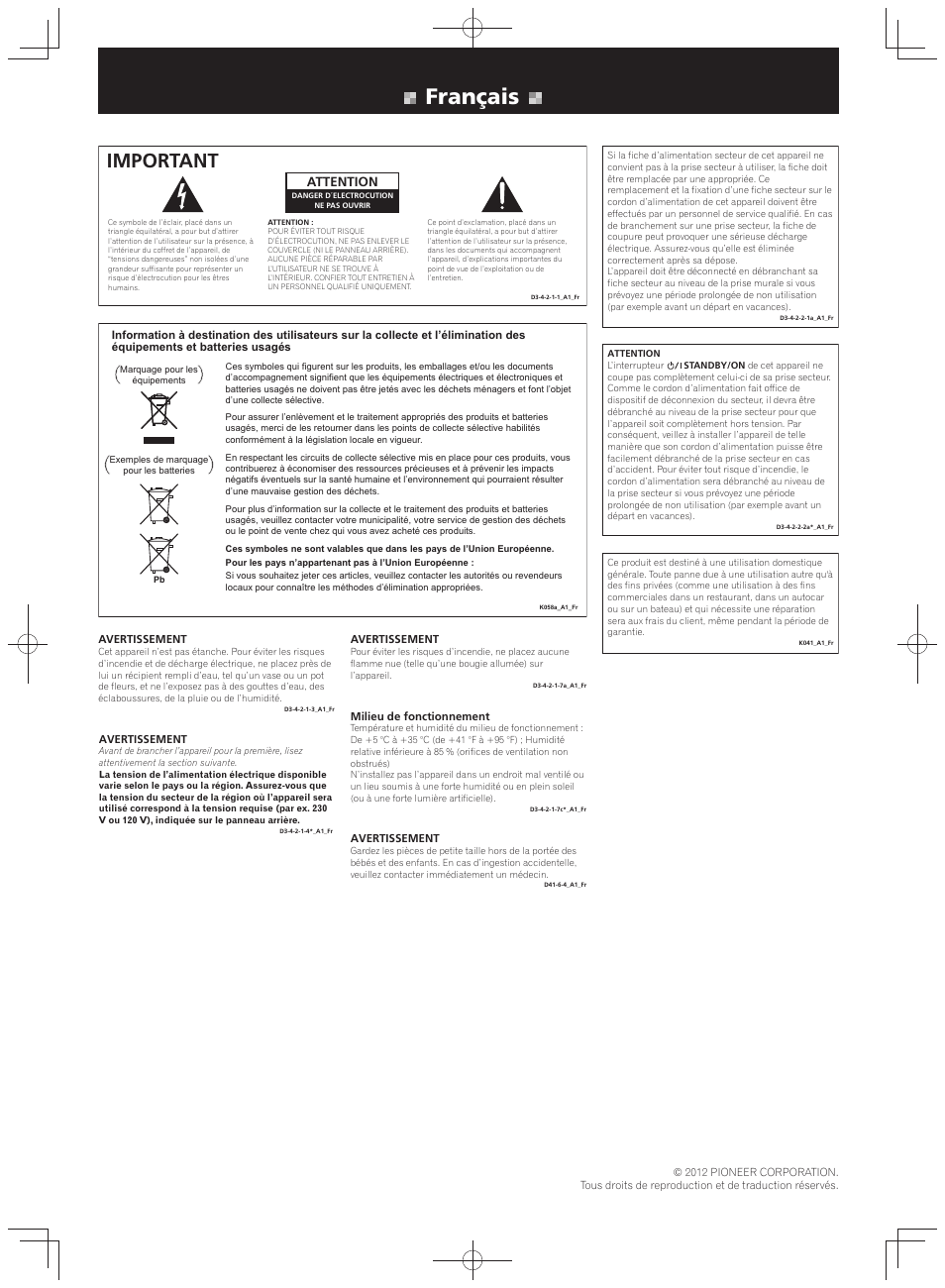 Instructions de sécurité, Ampli-tuner stéréo, Français | Important, Attention | Pioneer SX-20-K User Manual | Page 3 / 8
