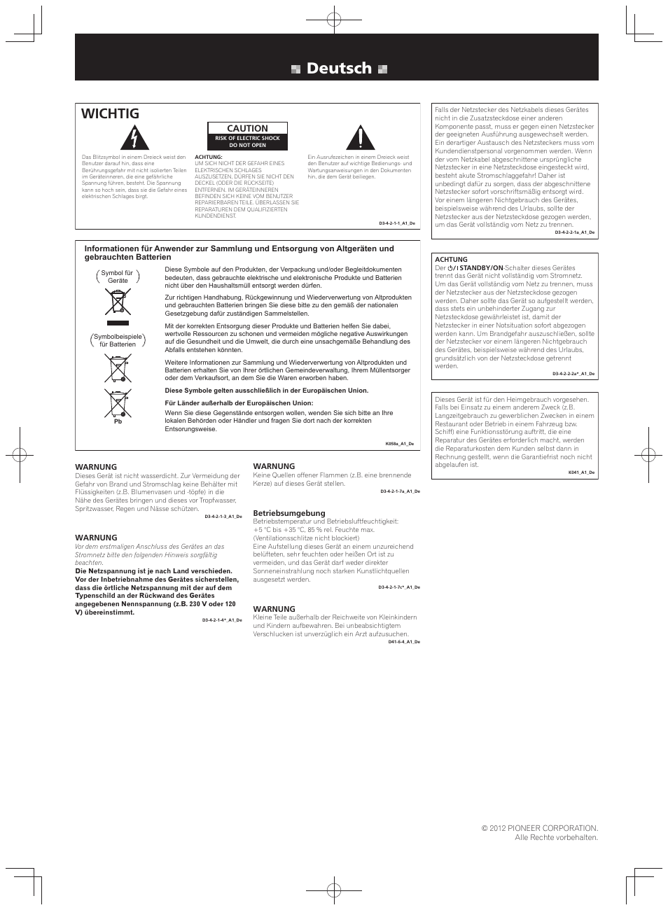Sicherheitsbroschüre, Stereo receiver, Deutsch | Wichtig, Caution | Pioneer SX-20-K User Manual | Page 4 / 8
