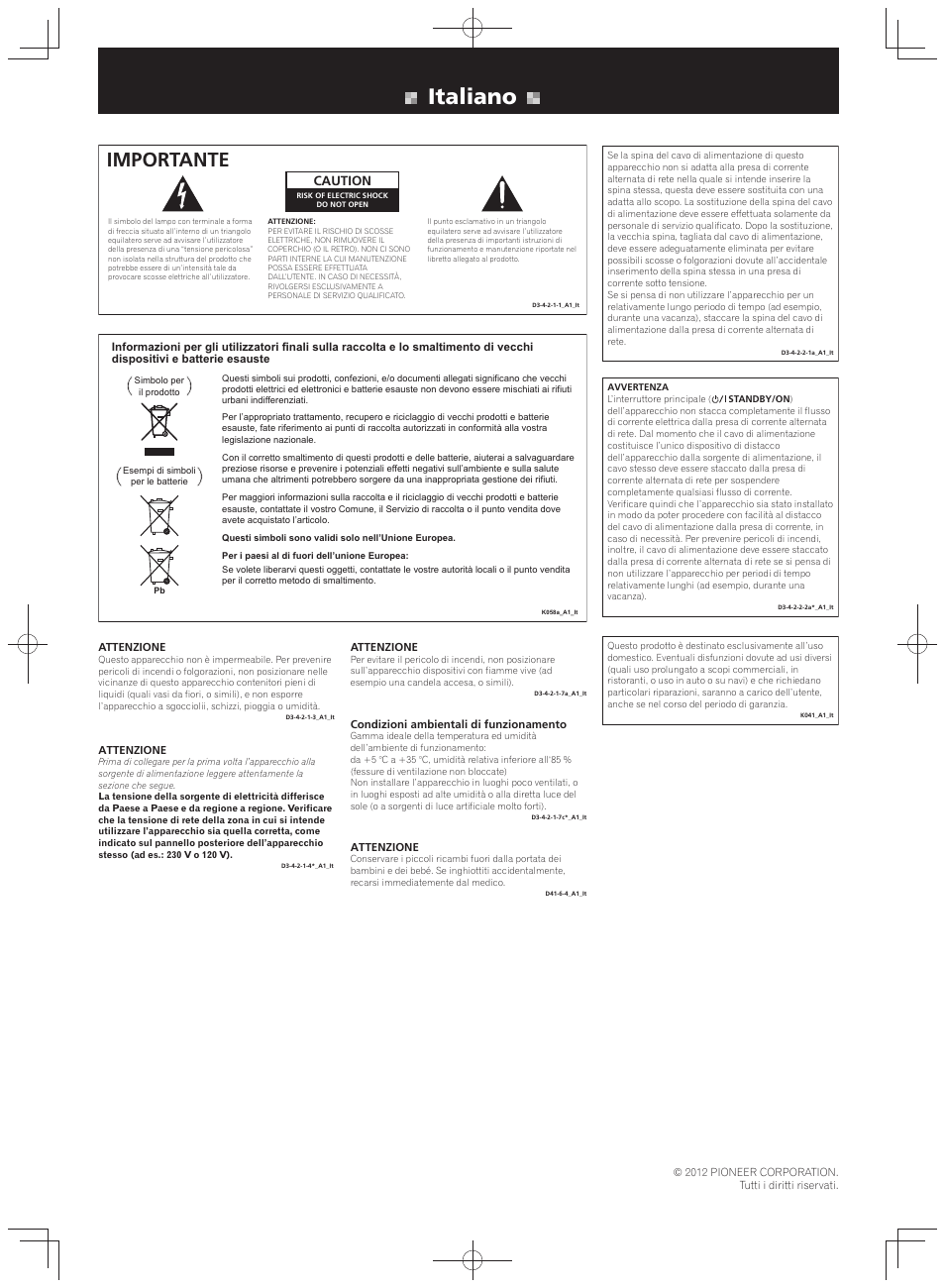 Istruzioni per la sicurezza, Ricevitore stereo, Italiano | Importante, Caution | Pioneer SX-20-K User Manual | Page 5 / 8