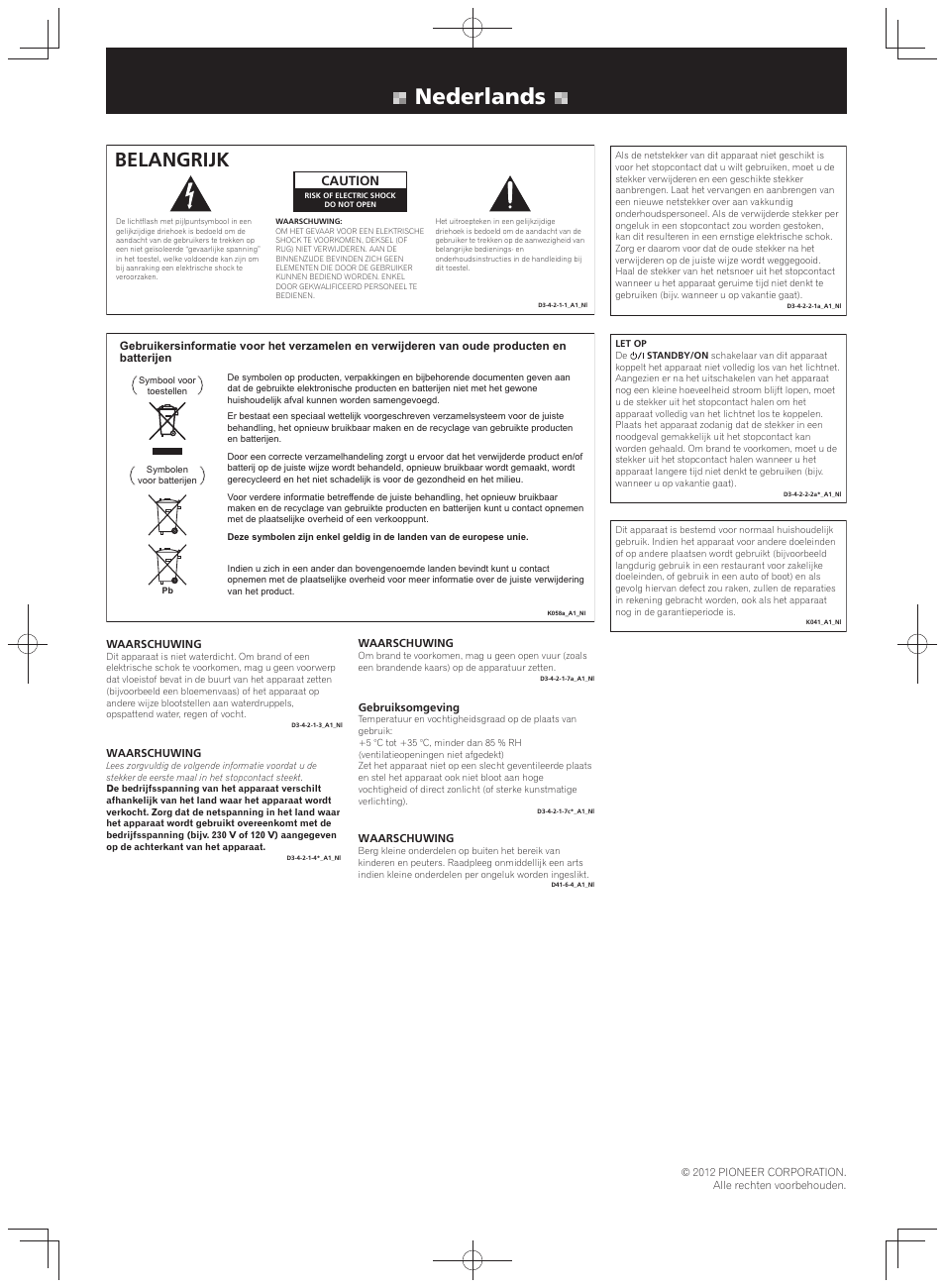Folder veiligheid, Stereo receiver, Nederlands | Belangrijk, Caution | Pioneer SX-20-K User Manual | Page 6 / 8
