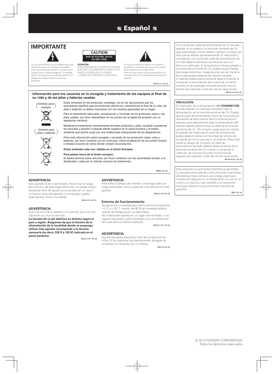 Folleto de seguridad, Receptor estéreo, Español | Importante, Caution | Pioneer SX-20-K User Manual | Page 7 / 8
