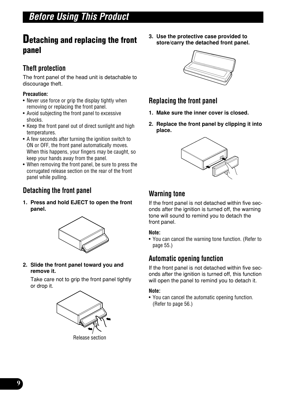 Detaching and replacing the front panel, Before using this product, Etaching and replacing the front panel | Theft protection, Detaching the front panel, Replacing the front panel, Warning tone, Automatic opening function | Pioneer DEH-P9400MP User Manual | Page 10 / 140