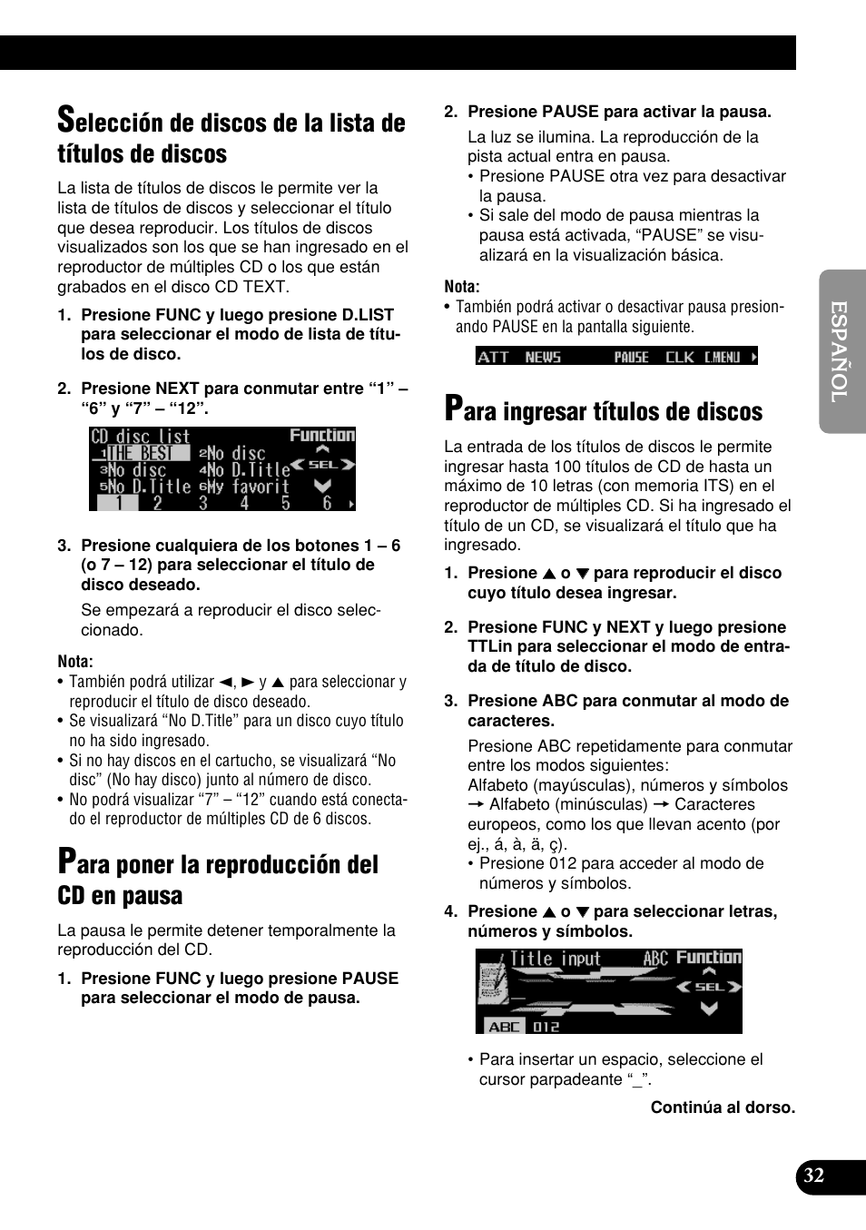 Selección de discos de la lista de títulos, De discos, Ara poner la reproducción del cd en pausa | Ara ingresar títulos de discos | Pioneer DEH-P9400MP User Manual | Page 101 / 140