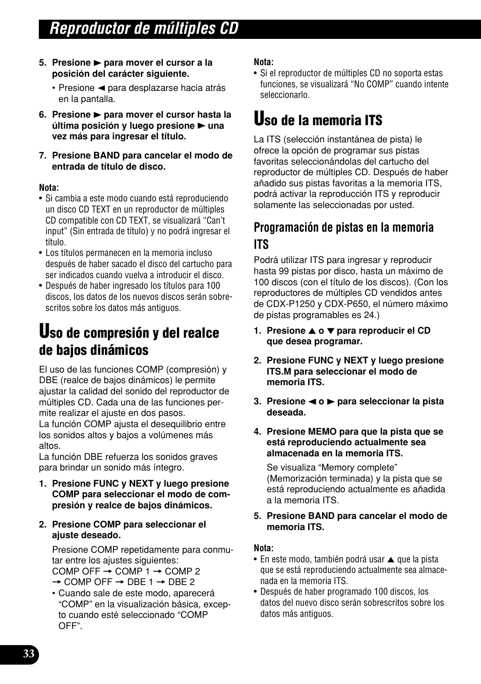 Uso de compresión y del realce de bajos, Dinámicos, Uso de la memoria its | Reproductor de múltiples cd, So de compresión y del realce de bajos dinámicos | Pioneer DEH-P9400MP User Manual | Page 102 / 140