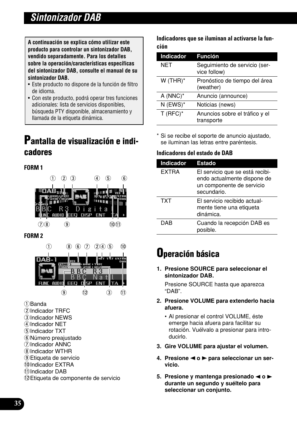 Sintonizador dab, Antalla de visualización e indi- cadores, Peración básica | Pioneer DEH-P9400MP User Manual | Page 104 / 140