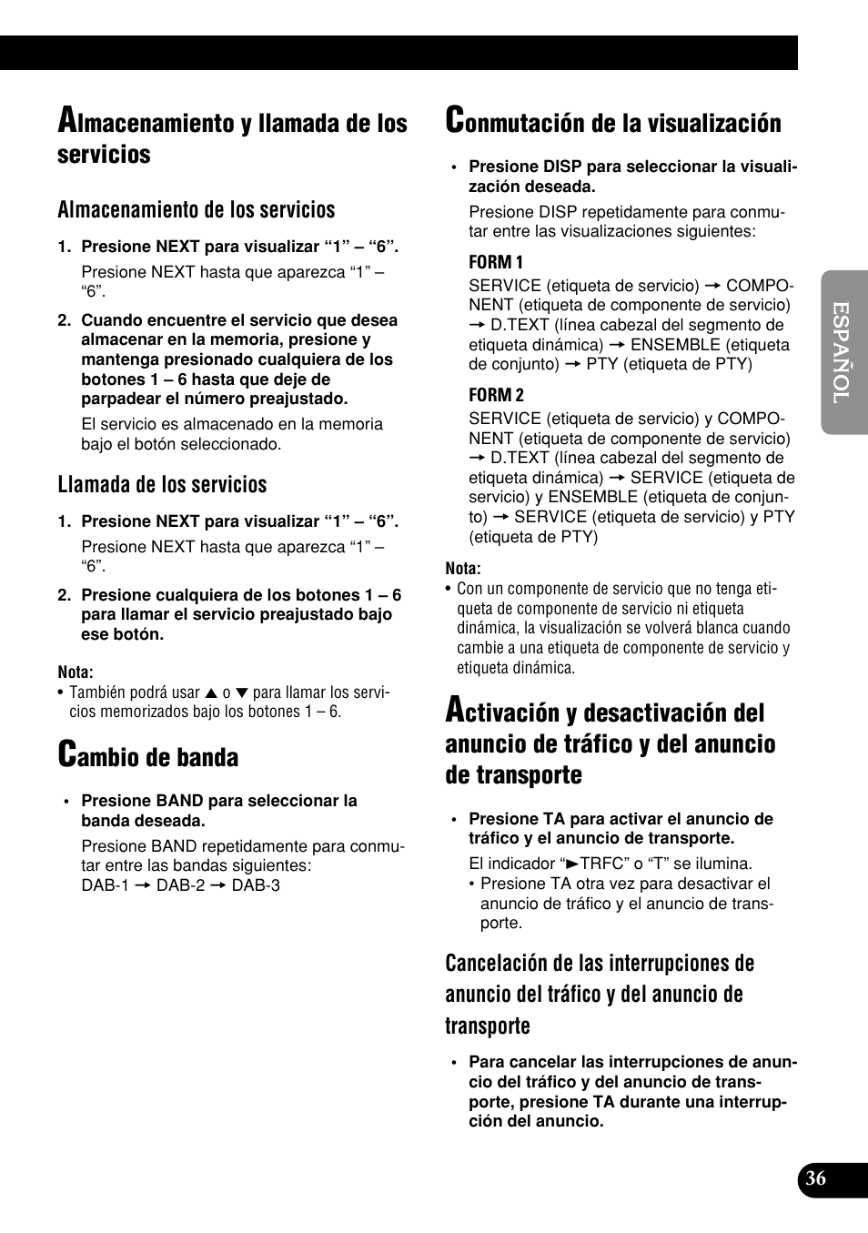 Tráfico y del anuncio de transporte, Lmacenamiento y llamada de los servicios, Ambio de banda | Onmutación de la visualización, Almacenamiento de los servicios, Llamada de los servicios | Pioneer DEH-P9400MP User Manual | Page 105 / 140