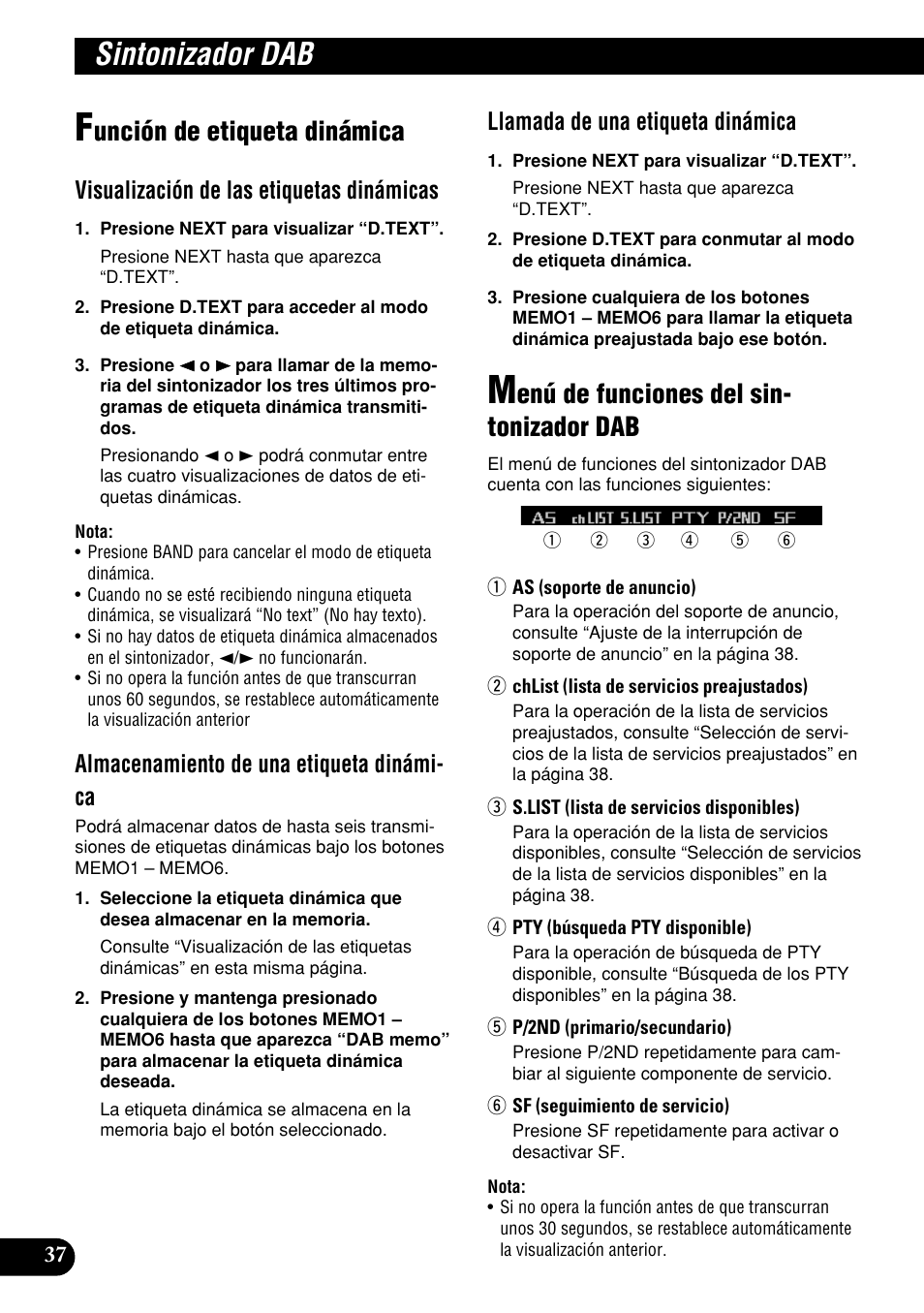 Sintonizador dab, Unción de etiqueta dinámica, Enú de funciones del sin- tonizador dab | Visualización de las etiquetas dinámicas, Almacenamiento de una etiqueta dinámi- ca, Llamada de una etiqueta dinámica | Pioneer DEH-P9400MP User Manual | Page 106 / 140