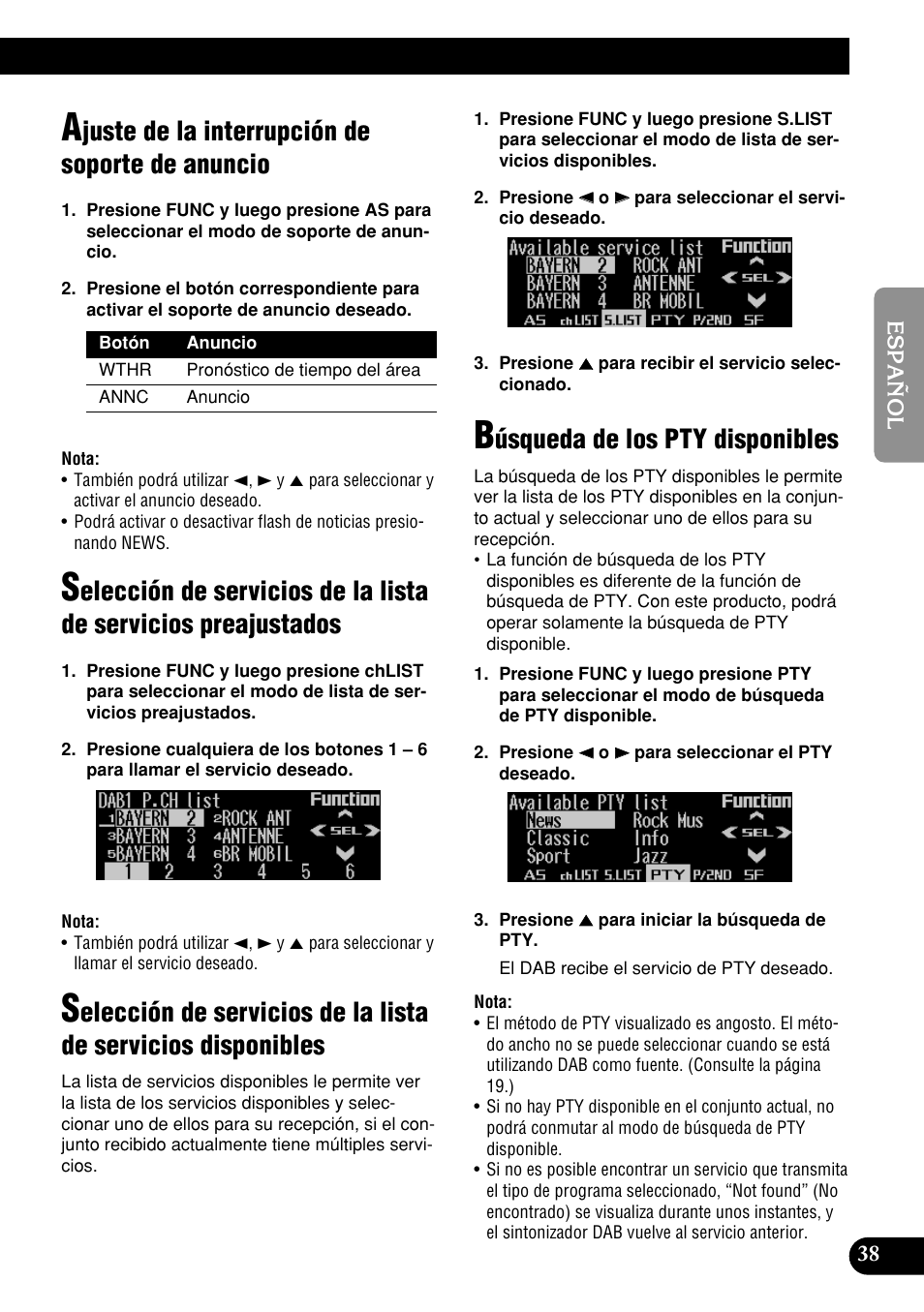 Ajuste de la interrupción de soporte, De anuncio, Selección de servicios de la lista de servicios | Preajustados, Disponibles, Búsqueda de los pty disponibles, Juste de la interrupción de soporte de anuncio, Úsqueda de los pty disponibles | Pioneer DEH-P9400MP User Manual | Page 107 / 140