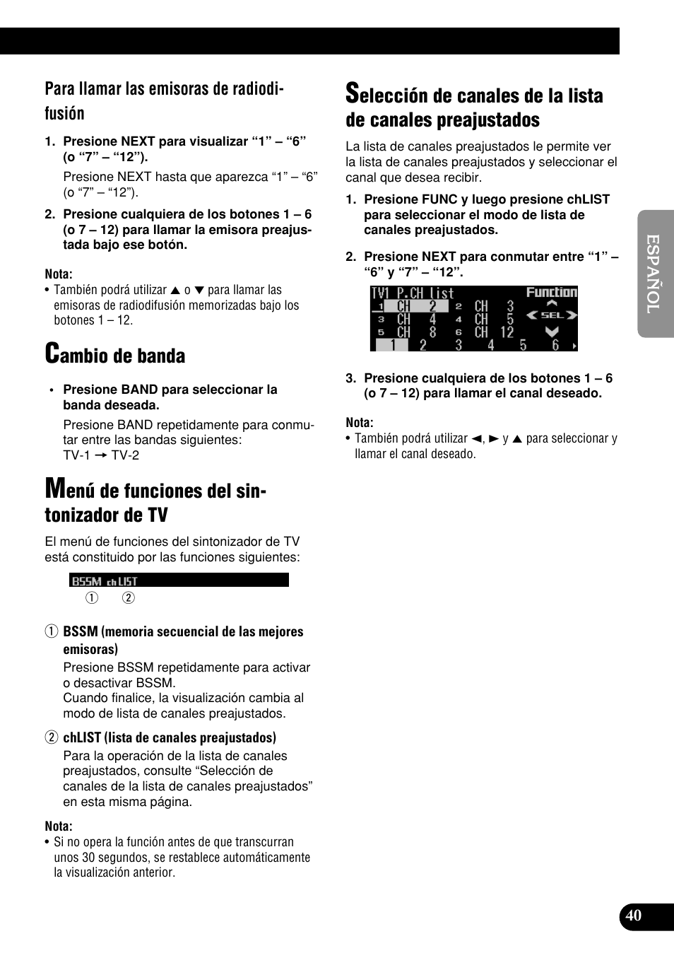 Preajustados, Ambio de banda, Enú de funciones del sin- tonizador de tv | Para llamar las emisoras de radiodi- fusión | Pioneer DEH-P9400MP User Manual | Page 109 / 140