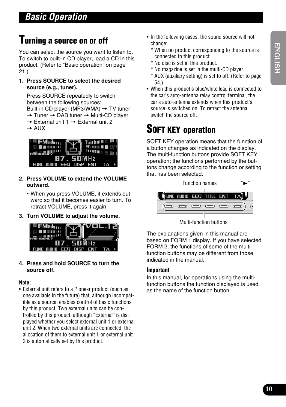 Basic operation, Turning a source on or off soft key operation, Urning a source on or off | Oft key operation | Pioneer DEH-P9400MP User Manual | Page 11 / 140