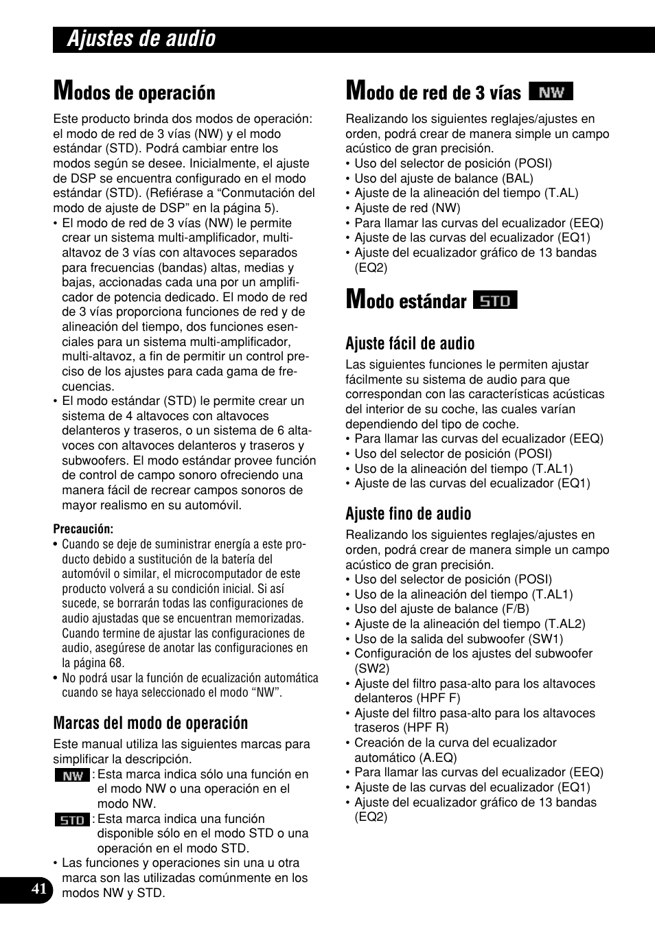 Ajustes de audio, Odos de operación, Odo de red de 3 vías | Odo estándar, Marcas del modo de operación, Ajuste fácil de audio, Ajuste fino de audio | Pioneer DEH-P9400MP User Manual | Page 110 / 140