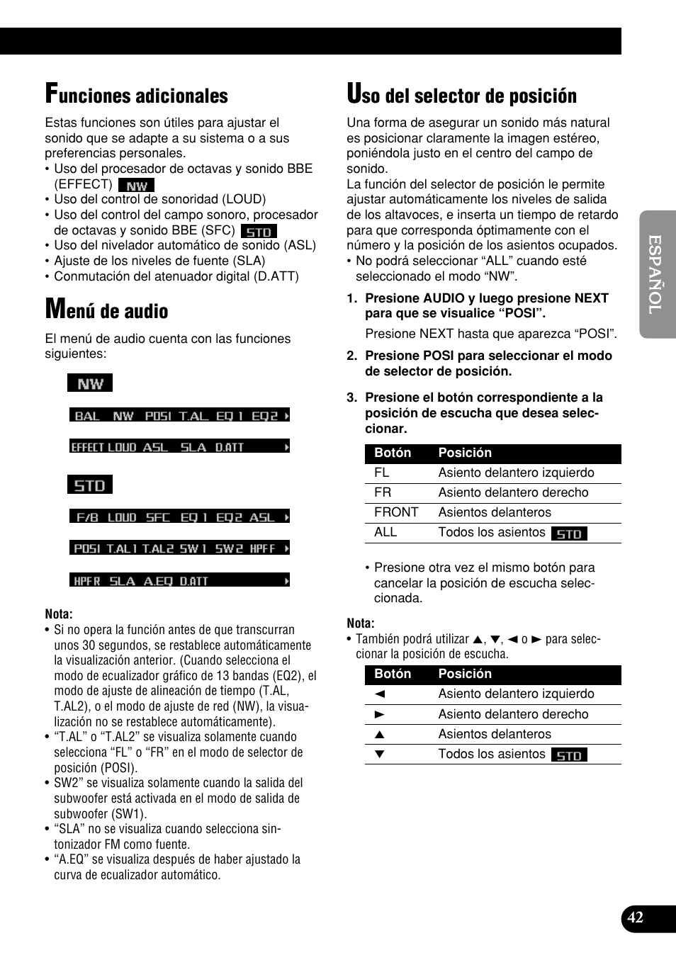 Unciones adicionales, Enú de audio, So del selector de posición | Pioneer DEH-P9400MP User Manual | Page 111 / 140